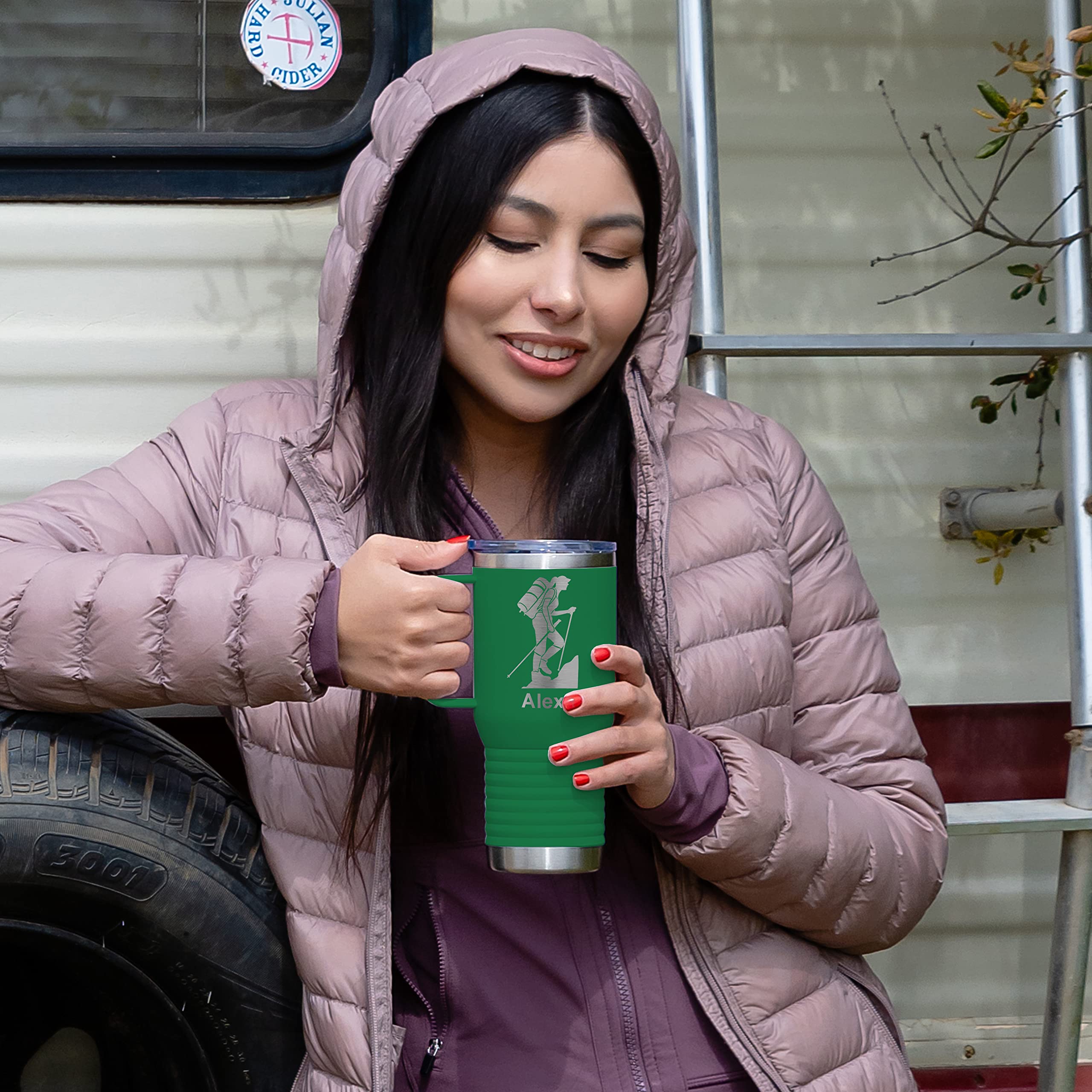 **Personalized 20oz Vacuum Insulated Travel Mug with Handle – LaserGram Engraved Horse & Cowgirl Design (Green) – Ideal for Coffee, Tea & On-the-Go Hydration**