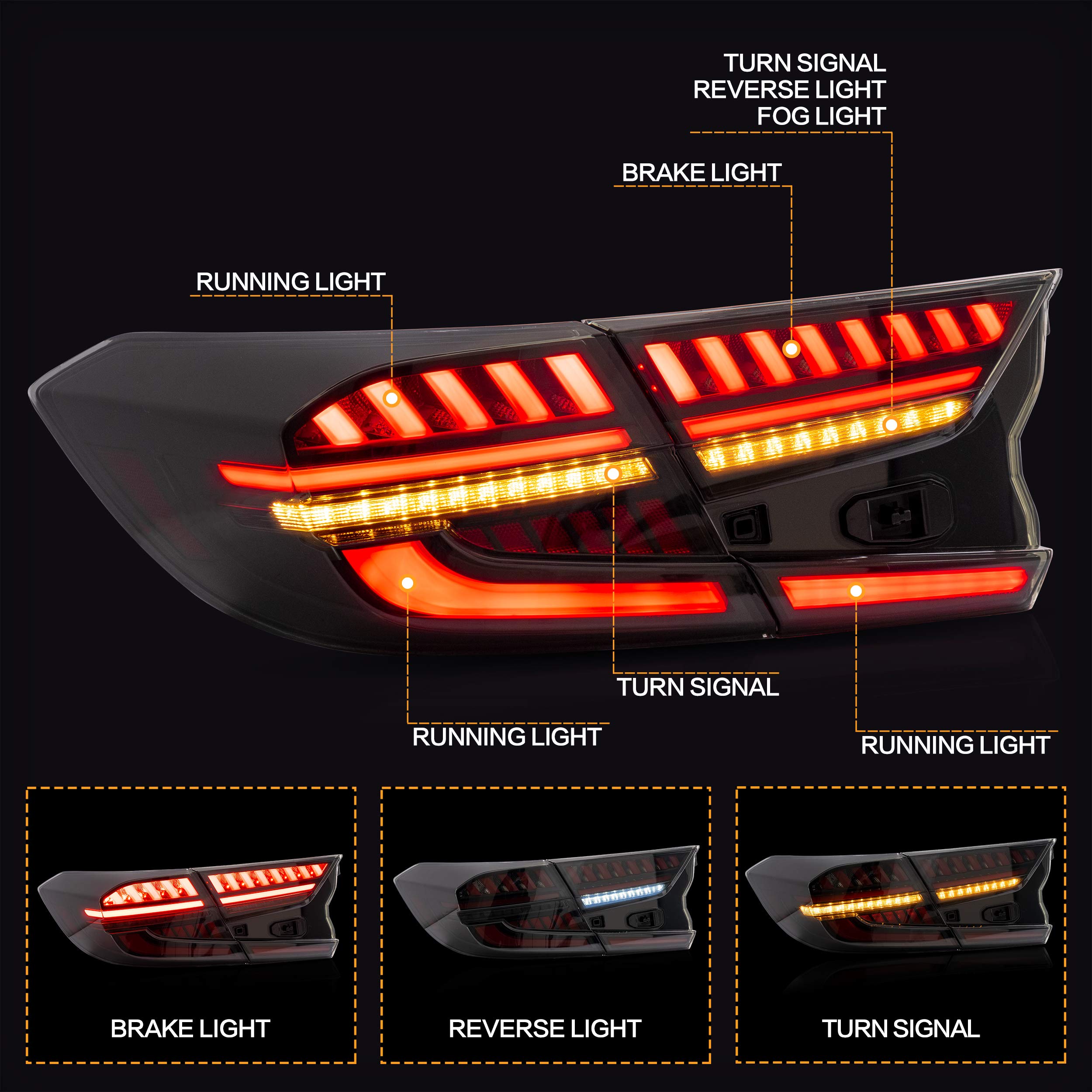 VLAND Smoked LED Tail Lights Assembly for Honda Accord 10th Gen (2018-2022) - Sequential Turn Signals, Reverse & Fog Lights, Plug & Play - Upgrade Your Car's Rear Style for Night Driving & Enhanced Safety