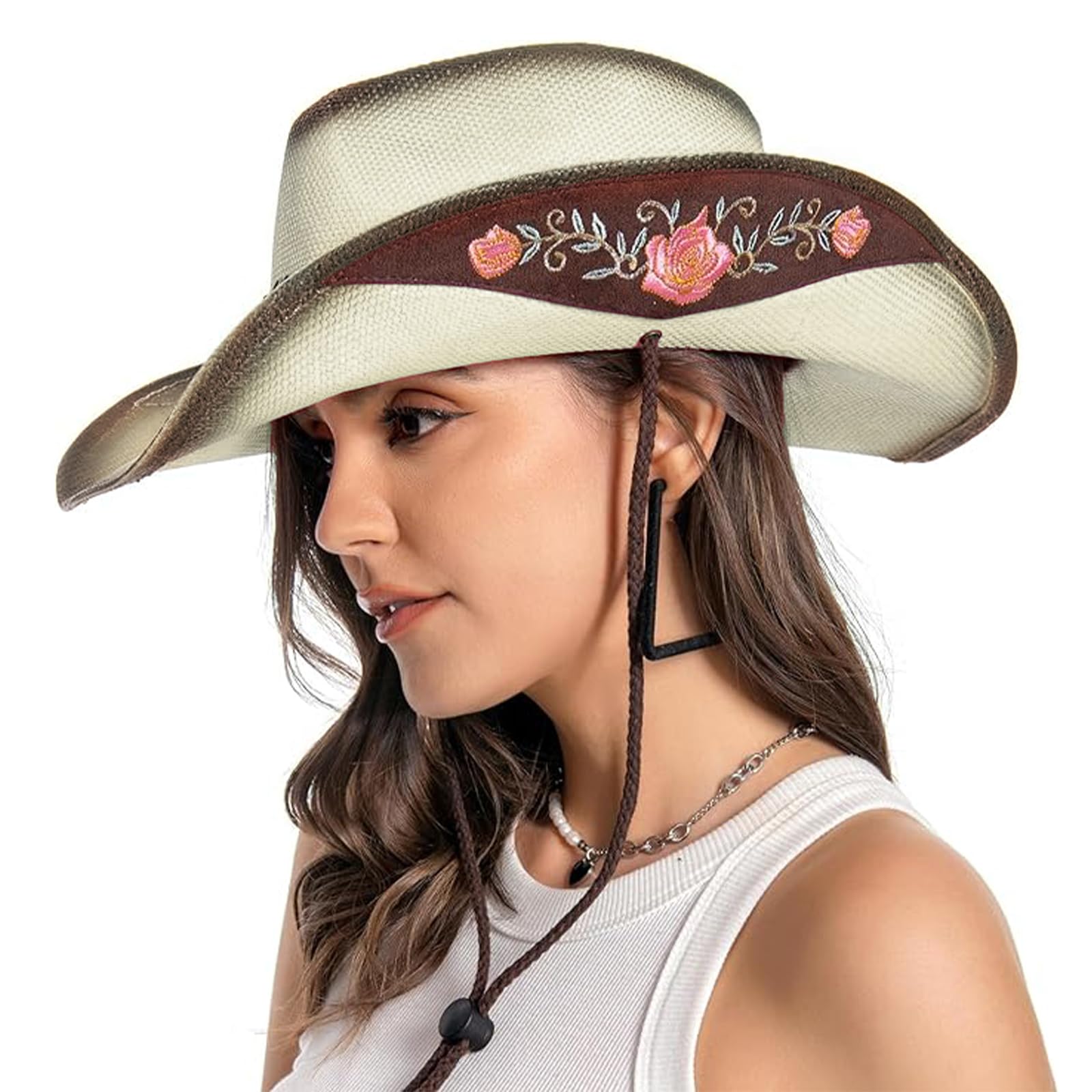 Women's Classic Brown Straw Cowboy Hat - Western Cowgirl Hat for Music Festivals, Beach Parties & Outdoor Events