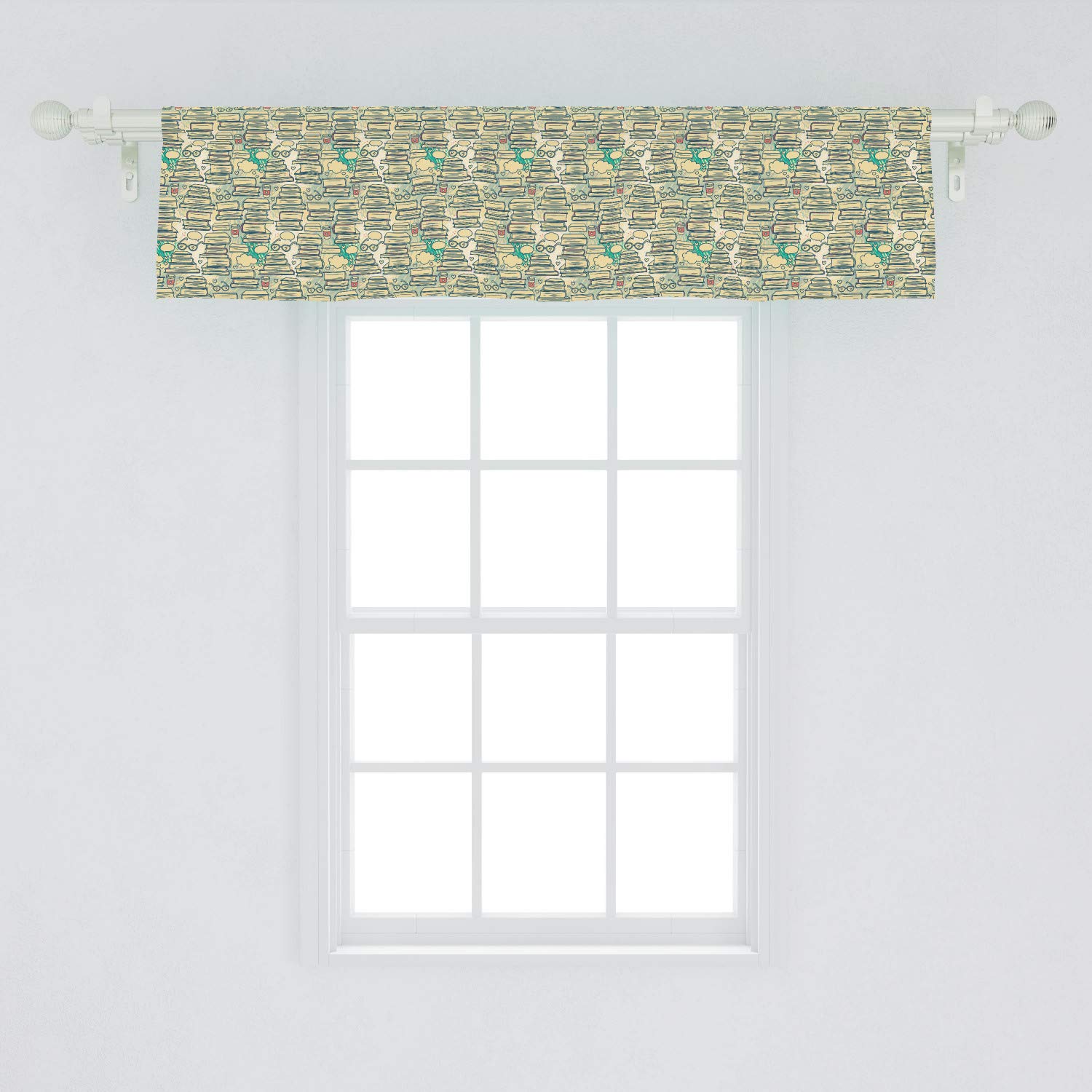 Ambesonne Book Lover Window Valance - Stacks of Books with Thought Bubbles, Glasses, Hearts & Coffee Cups Design - 54