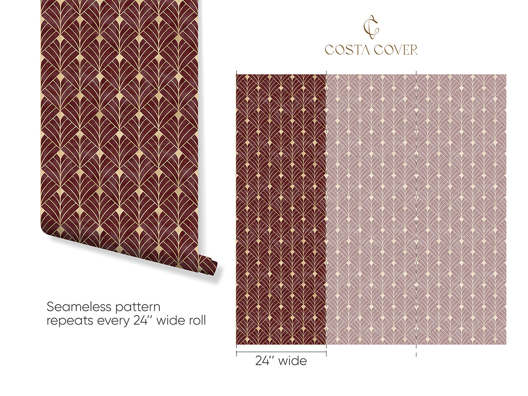 Burgundy Art Deco Wallpaper CC338 - Vintage Inspired Peel and Stick Wallpaper for Living Room, Bedroom & Dining Room Decor