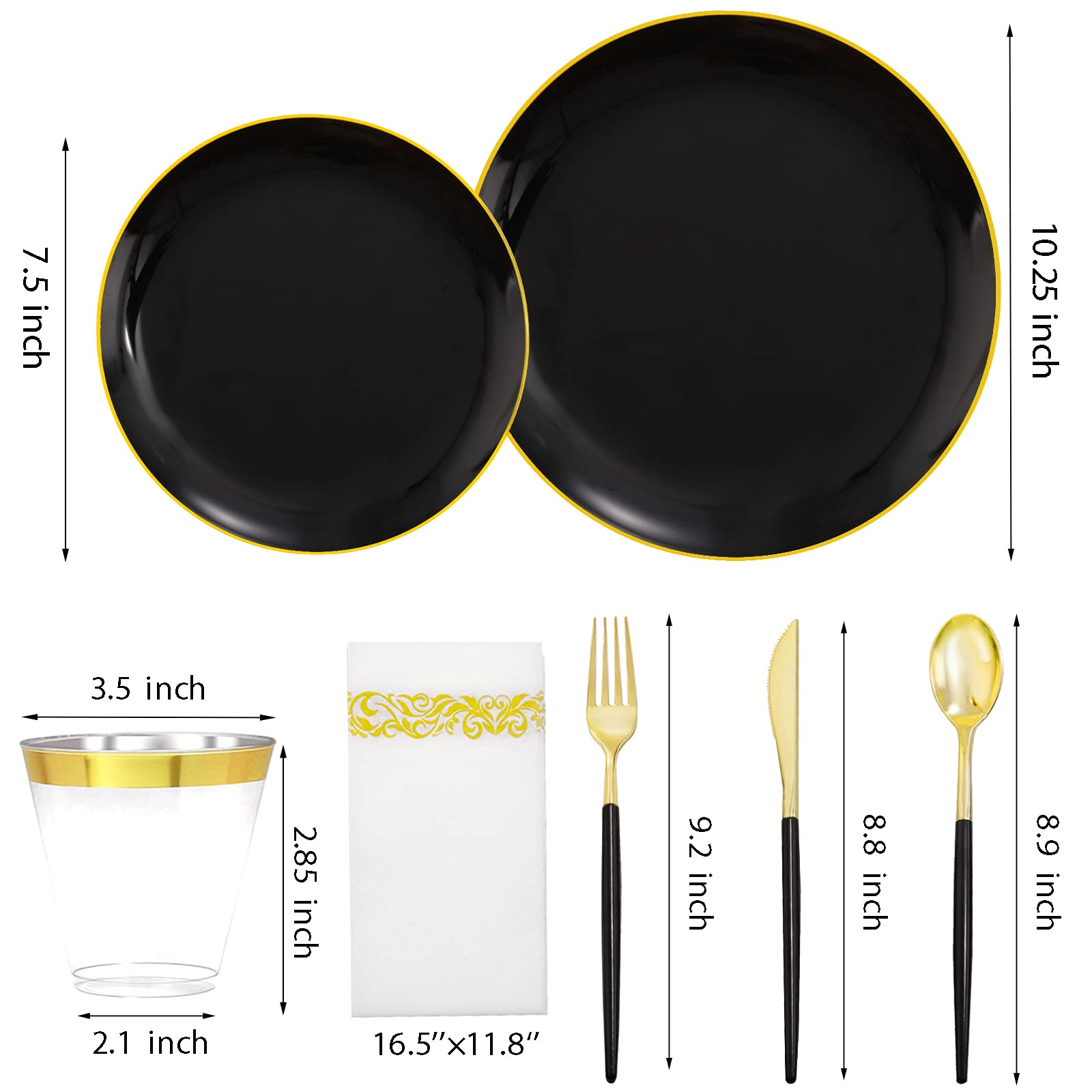 LIYH 210-Piece Black & Gold Plastic Dinnerware Set - Disposable Plates, Silverware, Cups & Napkins for Parties, Weddings, New Year's Eve & Special Events - Elegant Black Dinner Plates with Gold Cutlery for Formal Dining & Catering