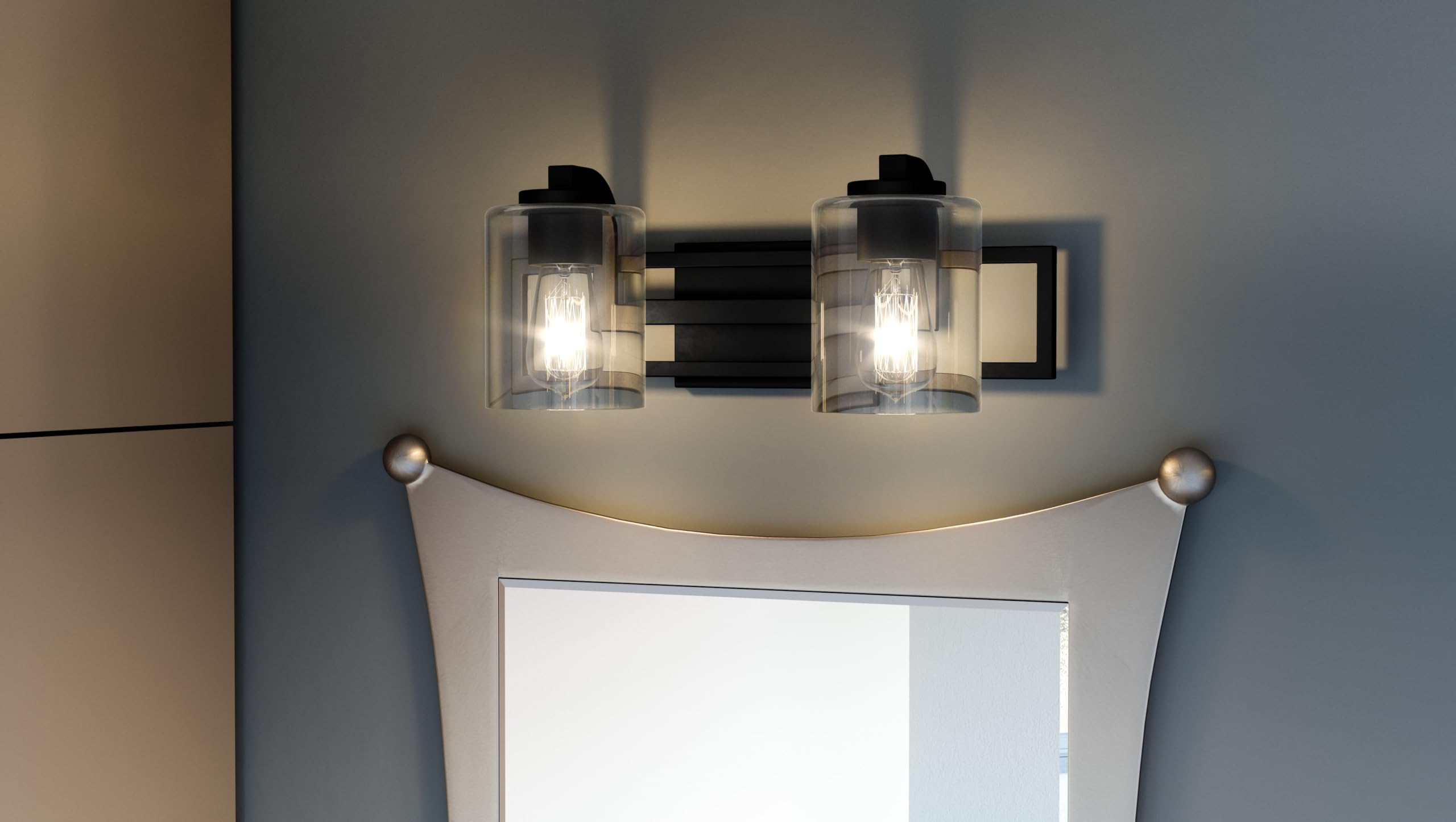 Quoizel Lansdowne 18.25 Inch Modern Bath Vanity Light Fixture - 2-Light Matte Black Wall Sconce with Clear Glass Shade (100W) - Perfect for Bathroom Mirror Lighting, Dresser, Kitchen or Hallway Decoration - Ideal for Modern Home & Spa Style Interior Design
