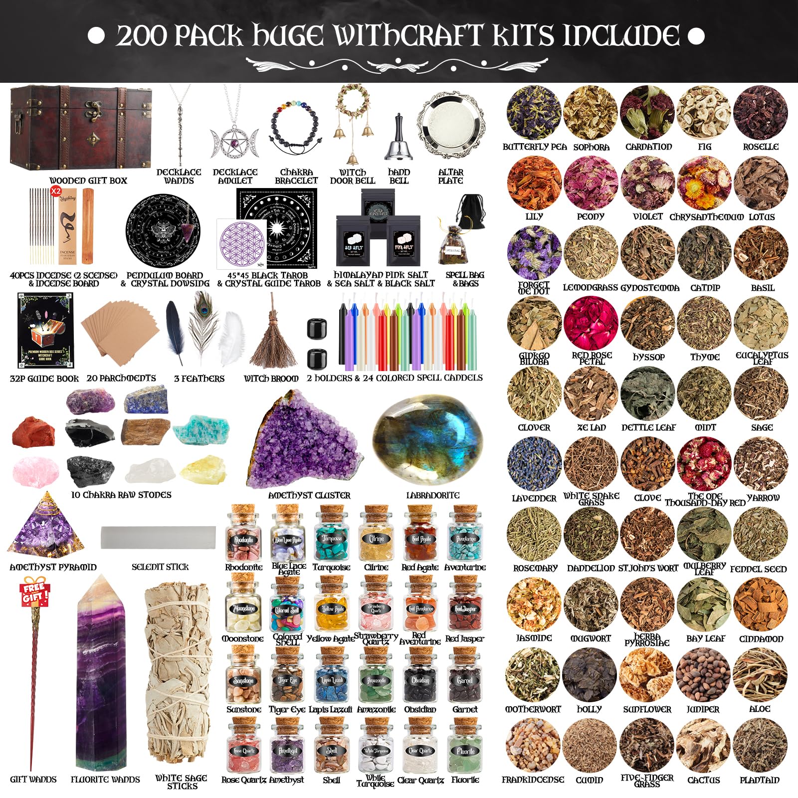 200-Piece Witchcraft Starter Kit for Beginners - Complete Wiccan Supplies & Tools with Wooden Box | Spell Casting, Altar Setup & Ritual Practice
