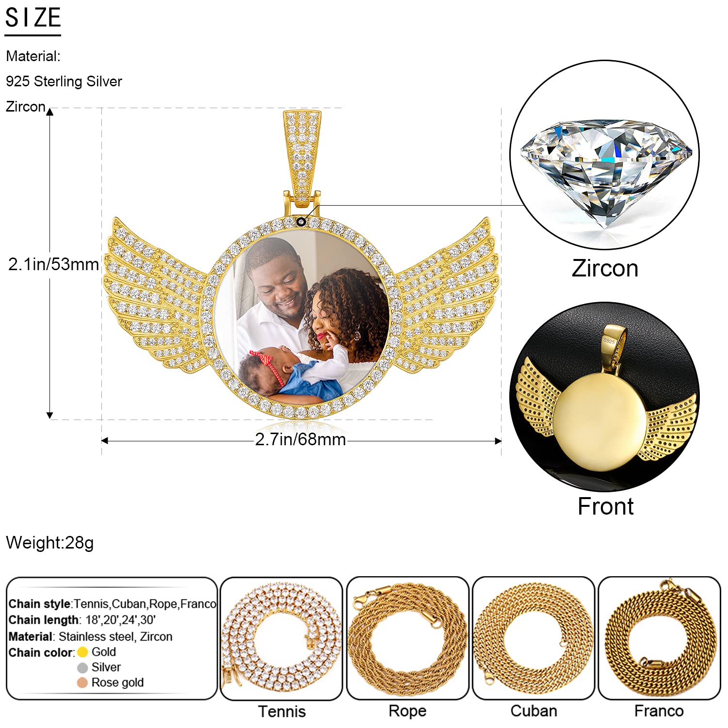 Custom 925 Sterling Silver Winged Photo Necklace - Personalized Memorial Pendant for Women & Men - Hip Hop Jewelry with Image - Iced Out Picture Chain - Perfect Gift for Anniversaries, Birthdays & Memorials (Includes Gift Box)