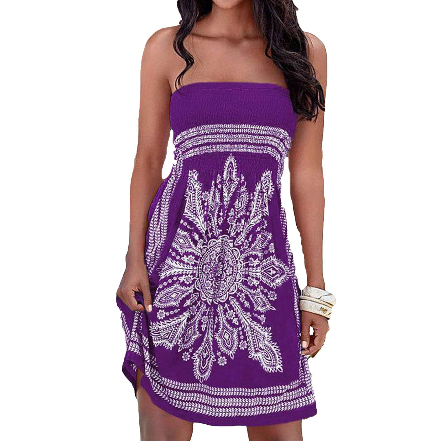 Andongnywell Women's Strapless Floral Print Mini Dress - Casual Beach Cover Up, Tube Top Sundress for Summer Vacation, Pool Party & Boho Outfit