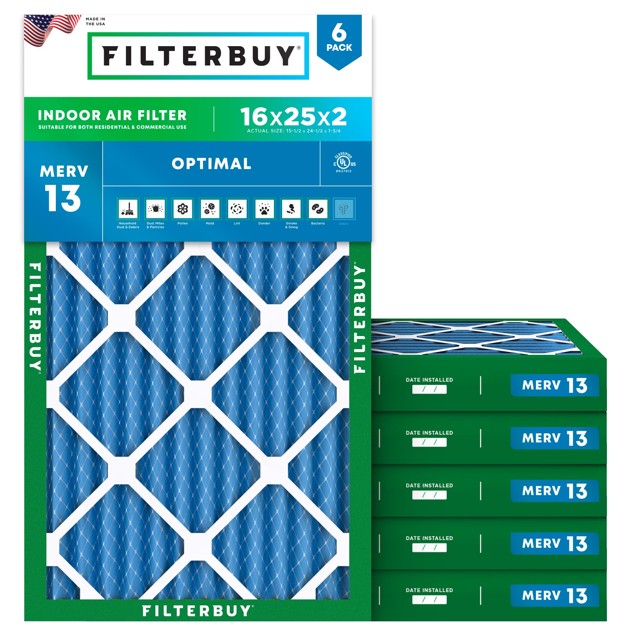 Filterbuy 16x25x2 MERV 13 Air Filter 6-Pack - High Efficiency HVAC Furnace AC Replacement Filters (15.5x24.5x1.75 Inches) for Home, Office & Allergy Relief - Traps Dust, Pollen & Pet Dander