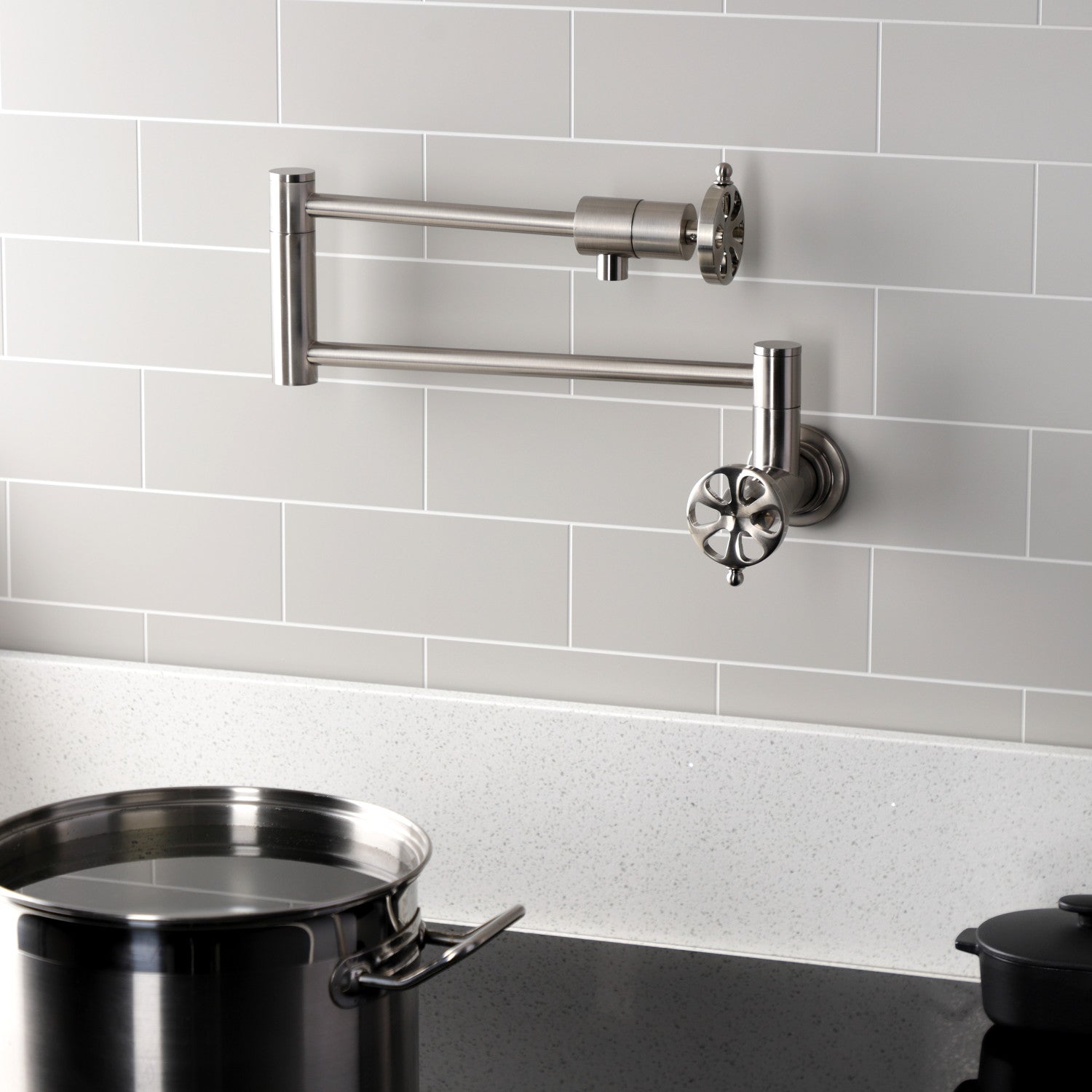 Belknap KS4108RX Brushed Nickel Two Handle Wall Mount Pot Filler Faucet - Perfect for Kitchen Sink, Stove & Cooking Area