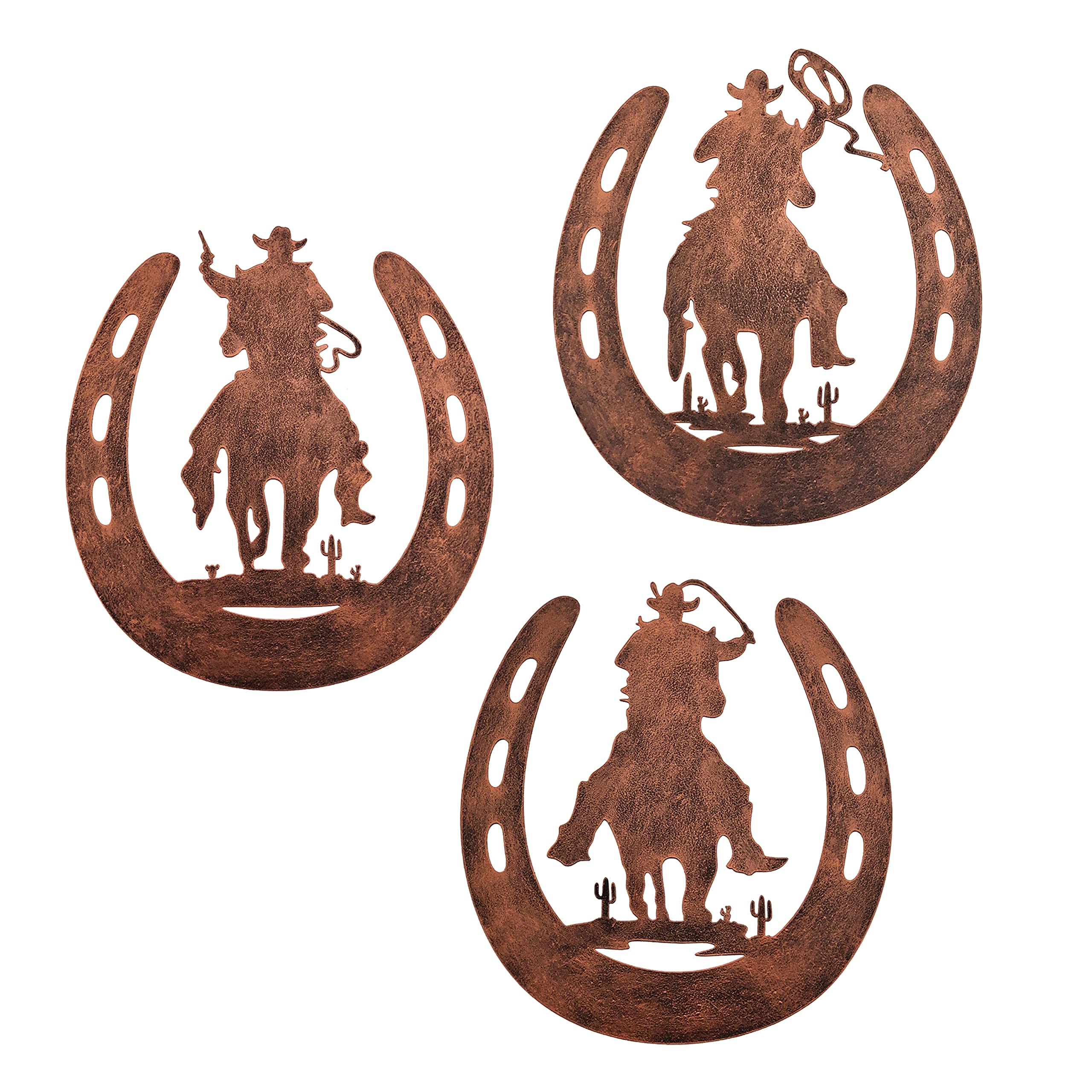 Western Rustic Metal Horseshoe Wall Art Decor - Set of 3 Bronze Cowboy Style Horse Shoes for Home, Bedroom, Living Room & Bathroom | Indoor & Outdoor Country Decor - Perfect for Ranch, Farmhouse or Cabin Style Interiors