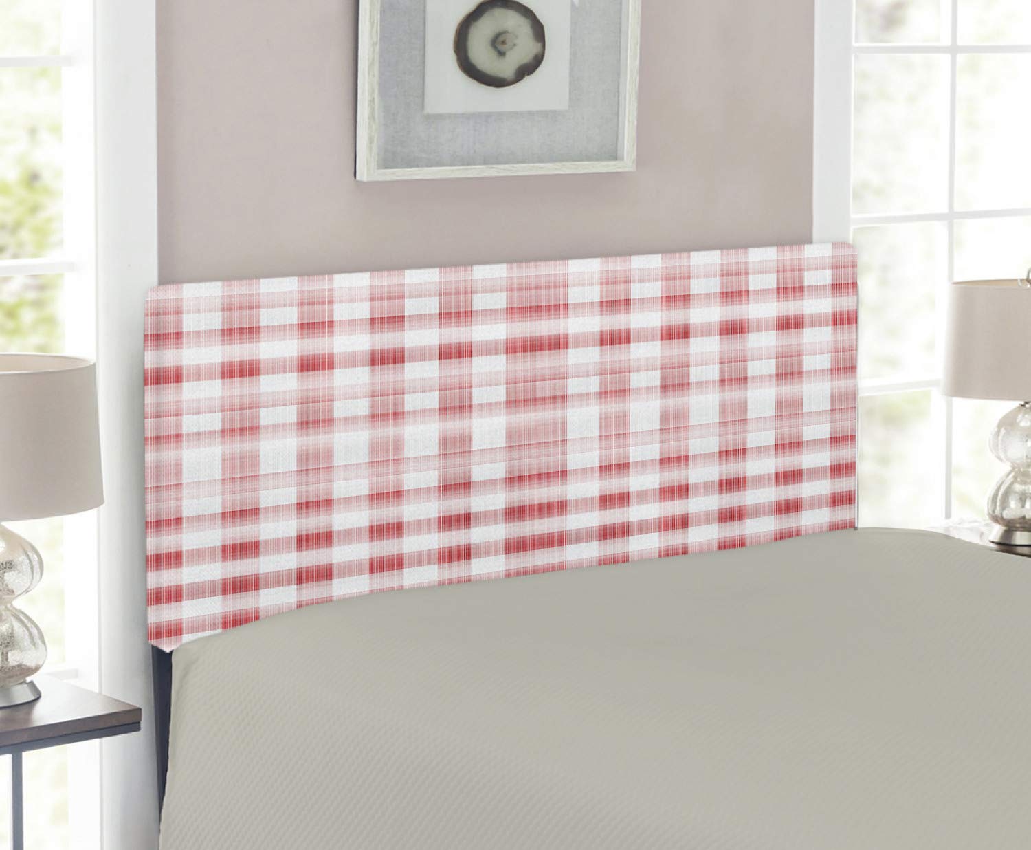 Ambesonne Checkered Headboard - Soft Gingham Pattern in Pink, Pale Pink & White | Upholstered Decorative Metal Bed Frame with Memory Foam | Twin Size | Perfect for Countryside Themed Bedrooms, Dorm Rooms & Cozy Home Decor