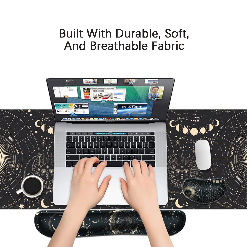 MIBITRI Extended Gaming Mouse Pad & Ergonomic Keyboard Wrist Rest Set - Memory Foam XXL Desk Mat for Pain Relief - 3PC Constellation Design for PC, Office & Gaming Setup