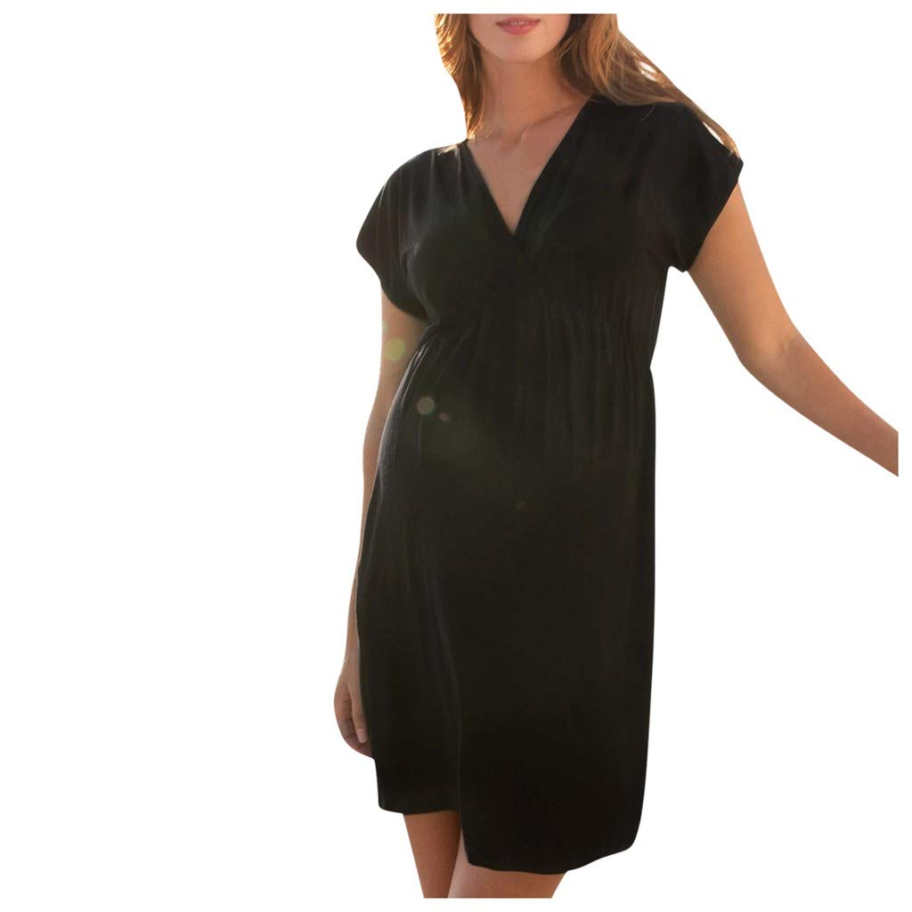 SRTUMEY Women's Maternity Dress - Short Sleeve V-Neck Nursing Dress for Pregnancy, Breastfeeding & Postpartum - Soft Pink Solid Color - Perfect for Casual Wear, Baby Showers & Mother's Day Gifts