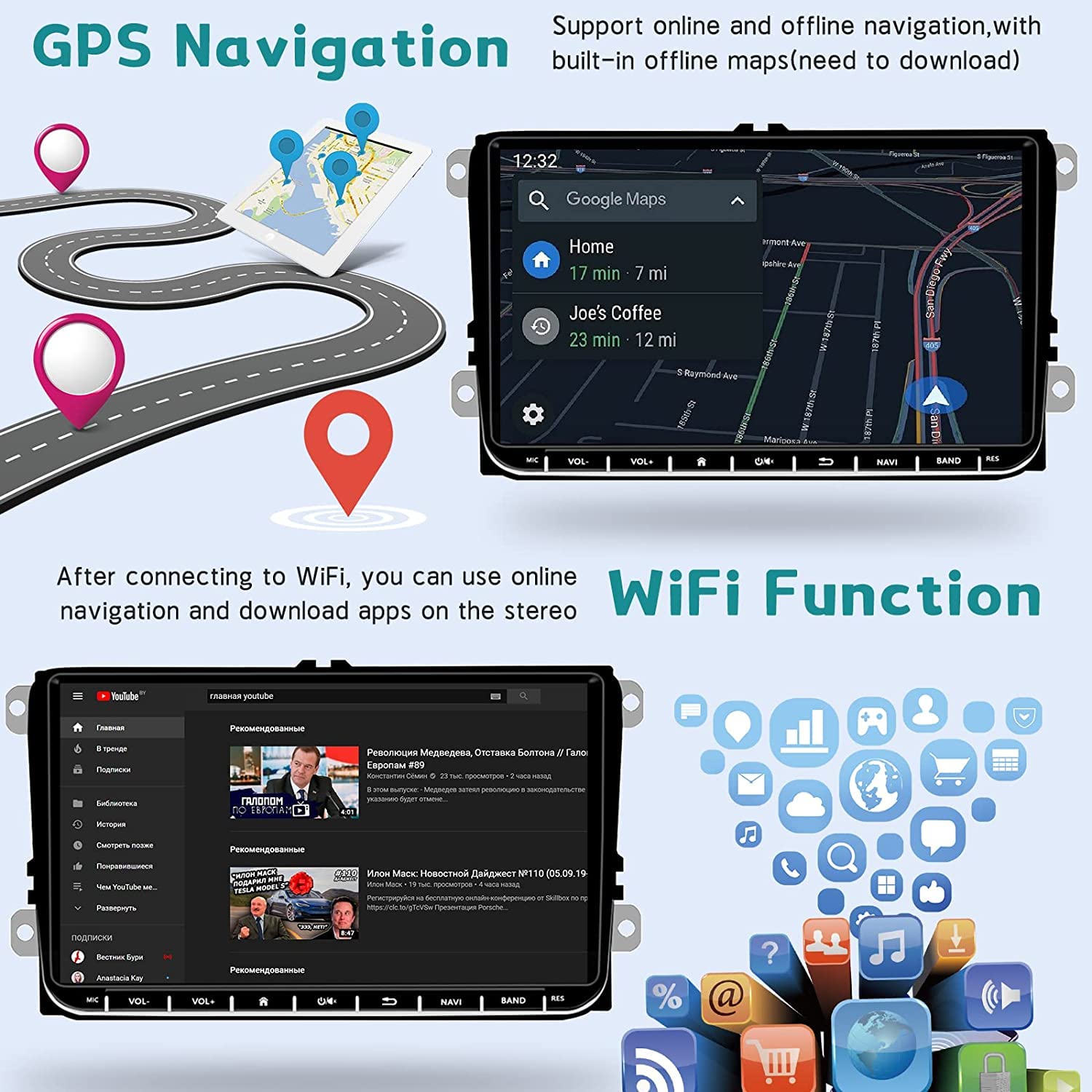 SIXWIN 2GB RAM 64GB ROM Android 13 Double Din Car Stereo for VW Volkswagen Seat Golf Passat Jetta Tiguan Touran - Wireless CarPlay Android Auto Bluetooth GPS Navigation WiFi FM HiFi Backup Camera MIC | In-Car Entertainment System for Road Trips & Daily Commute