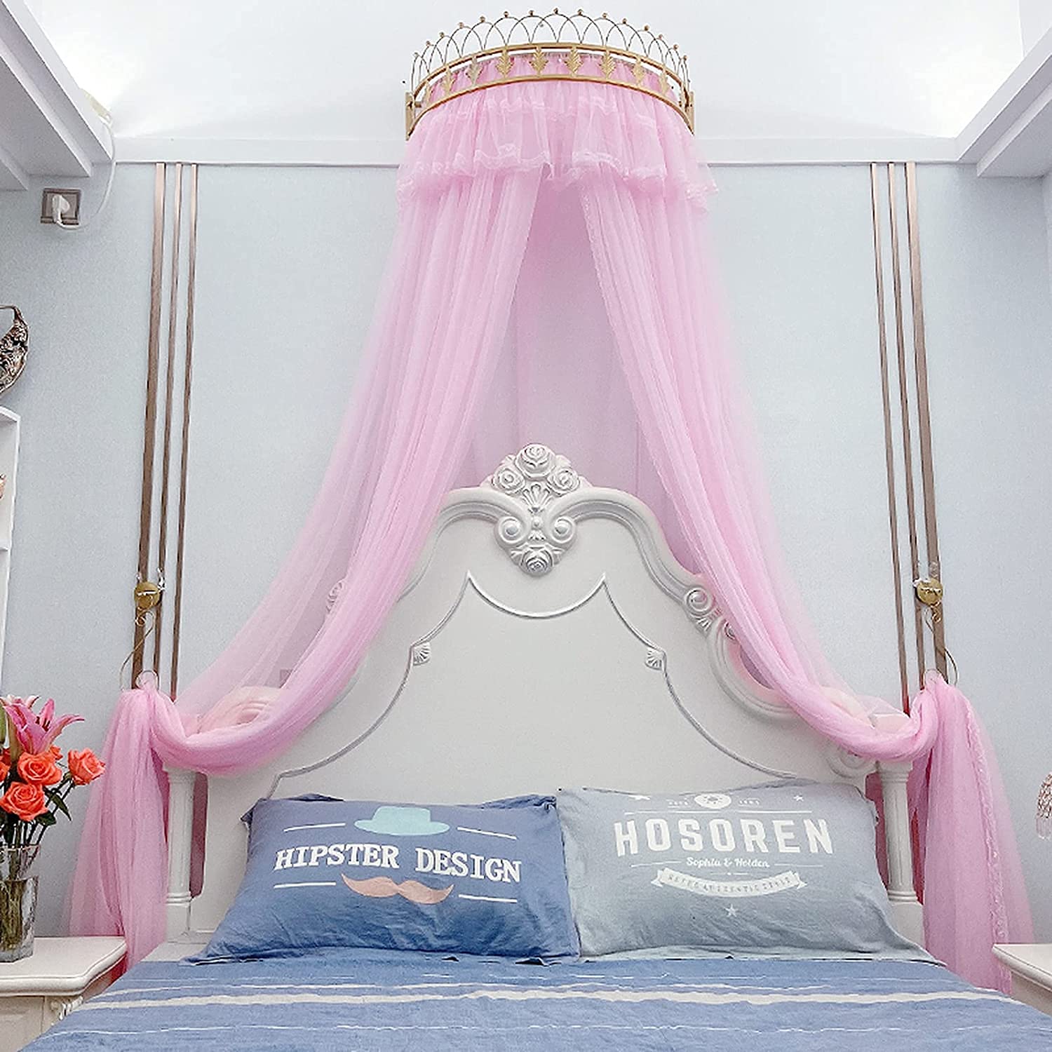 SSLW Princess Bed Canopy with Crown - Lace Crib Canopy for Baby Girls, Reading Nook & Play Castle Tent - Round Dome Net Canopy for Nursery Decor, Birthday Party & Princess Theme Room