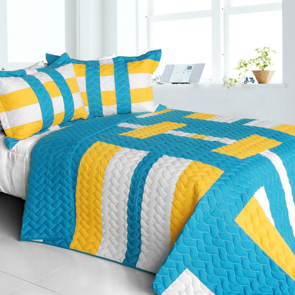Tower Vienna Vermicelli-Quilted Patchwork Geometric Quilt Set - Full/Queen Size Bedding for Modern & Bohemian Bedrooms