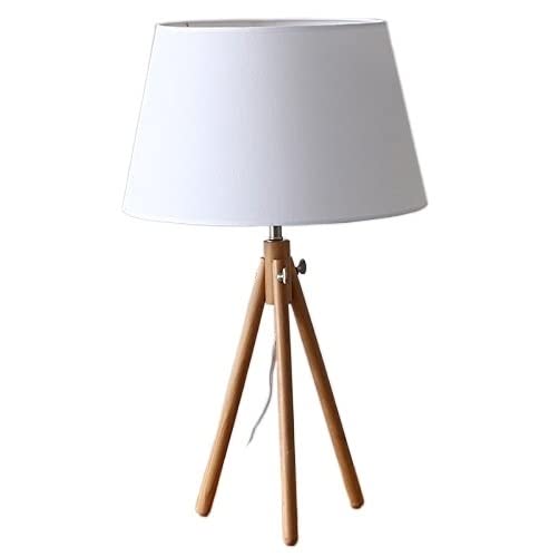 Modern Trident Wooden Table Lamp - White Fabric Shade, Bedroom & Office Lighting Decor for Nightstand, Desk, and Computer Workspace