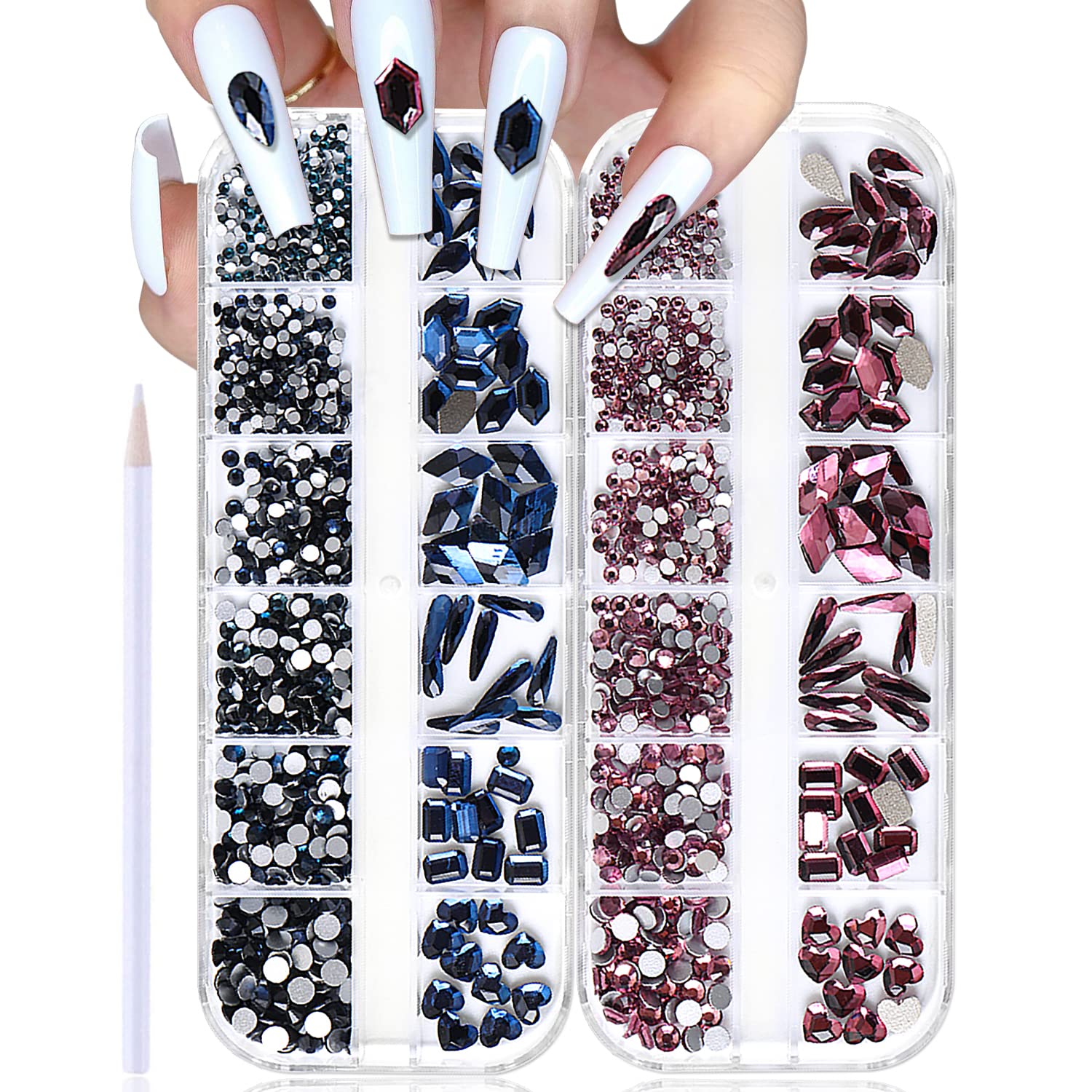 WOKOTO 2 Box Flat Back Navy Blue & Claret Red Nail Rhinestones - 1000pcs Nail Art Crystals with Rhinestone Picker Pencil for Nail Decoration, DIY Manicure, Nail Art Designs & Professional Salon Use