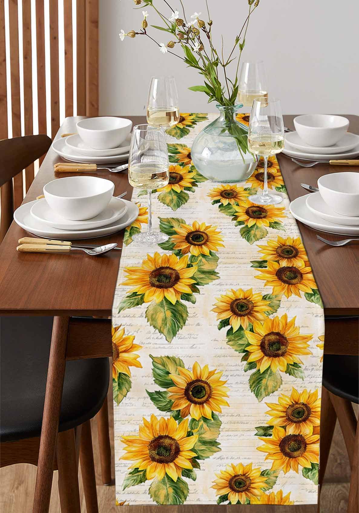 Sunflower Cotton Linen Table Runner 13x90 Inch - Rustic Farmhouse Kitchen Decor for Dining Table, Wedding Banquet, Party & Holiday Celebrations - Perfect for Family Dinners, Bridal Showers & Home Decoration