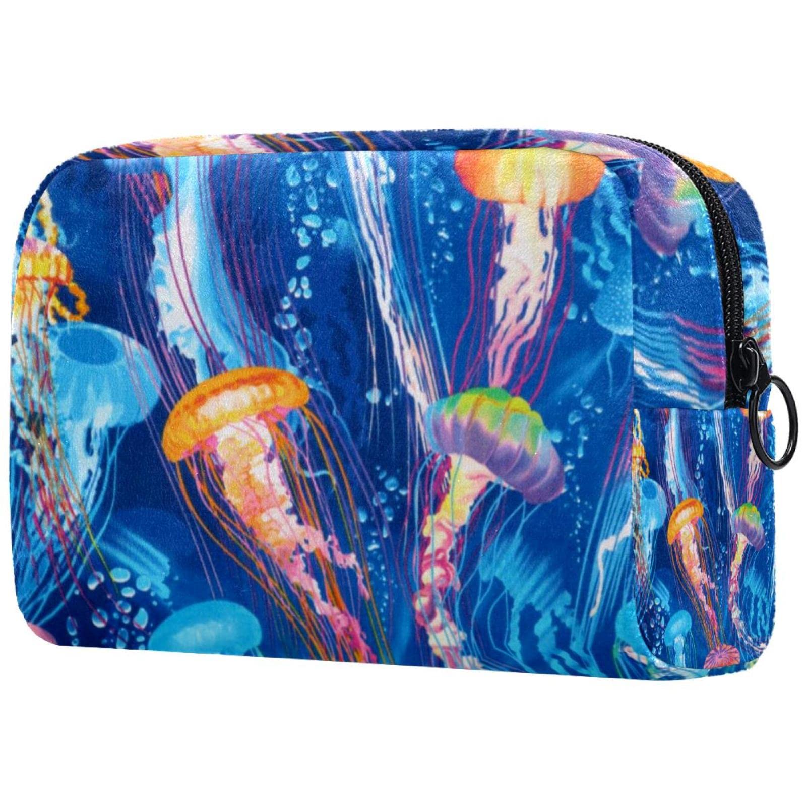 Waterproof Jellyfish Print Makeup Bag - Travel Cosmetic Organizer with Brush Holder for Women, Girls | Perfect for Travel, Gym, Beach & Daily Storage
