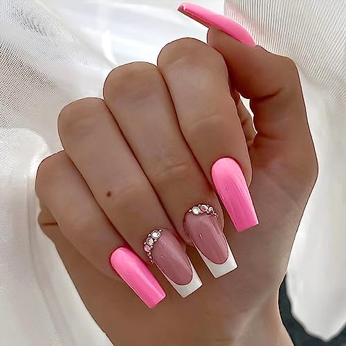 Square Press On Nails Medium - French Pink Fake Nails with Rhinestones & Oblique Edge Design - 24PCS Full Coverage Acrylic Artificial Nails for Women - Perfect for Parties, Weddings & Nail Art Decoration