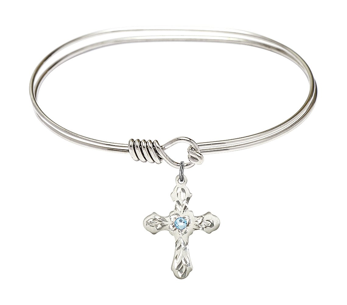 7 Inch Oval Eye Hook Bangle Bracelet with Cross Medal Charm and March Blue Crystal - Elegant Jewelry for Women, Perfect for Daily Wear, Parties, and Gifts