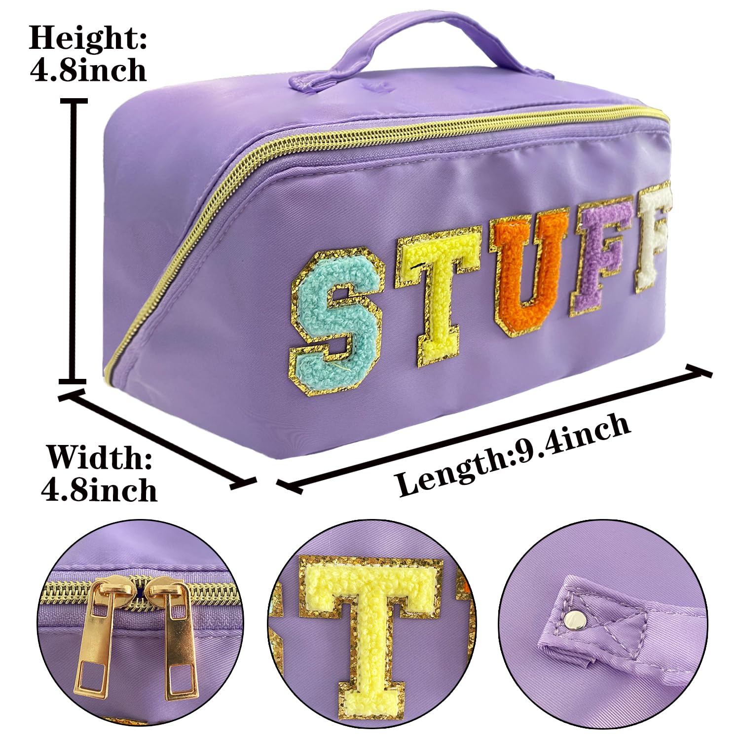 Stylish Purple Nylon Makeup Bag with Chenille Letter - Preppy Cosmetic Pouch for Travel & Daily Use | Stoney Clover Inspired Varsity Letter Pouch, Toiletry & Belt Bag for Women & Teens | Perfect for School, Gym, Vacation & Gift Giving