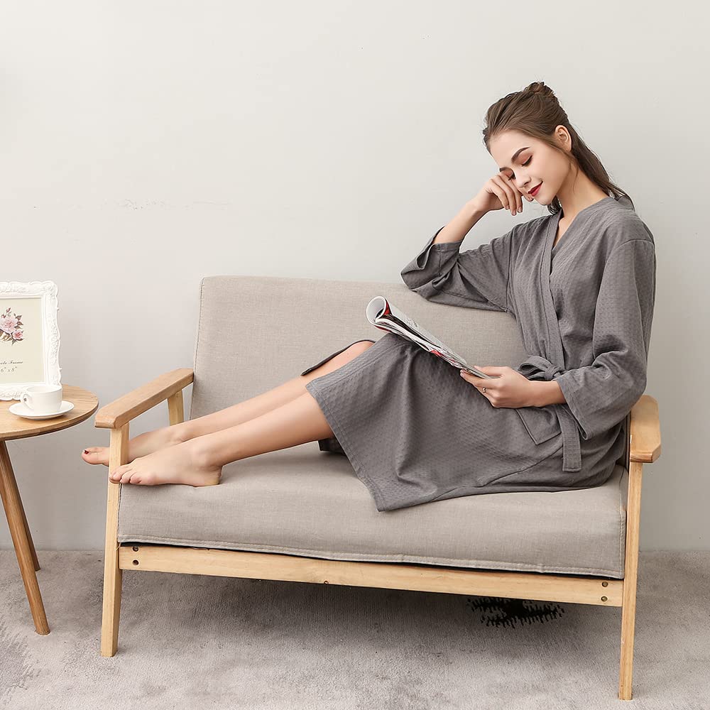 Rojeam Women's Kimono Waffle Robe - Lightweight Soft Unisex Bathrobe with Pockets for Spa, Sleepwear & Lounge Wear - Knee Length Comfortable Cotton Robe for Women & Men