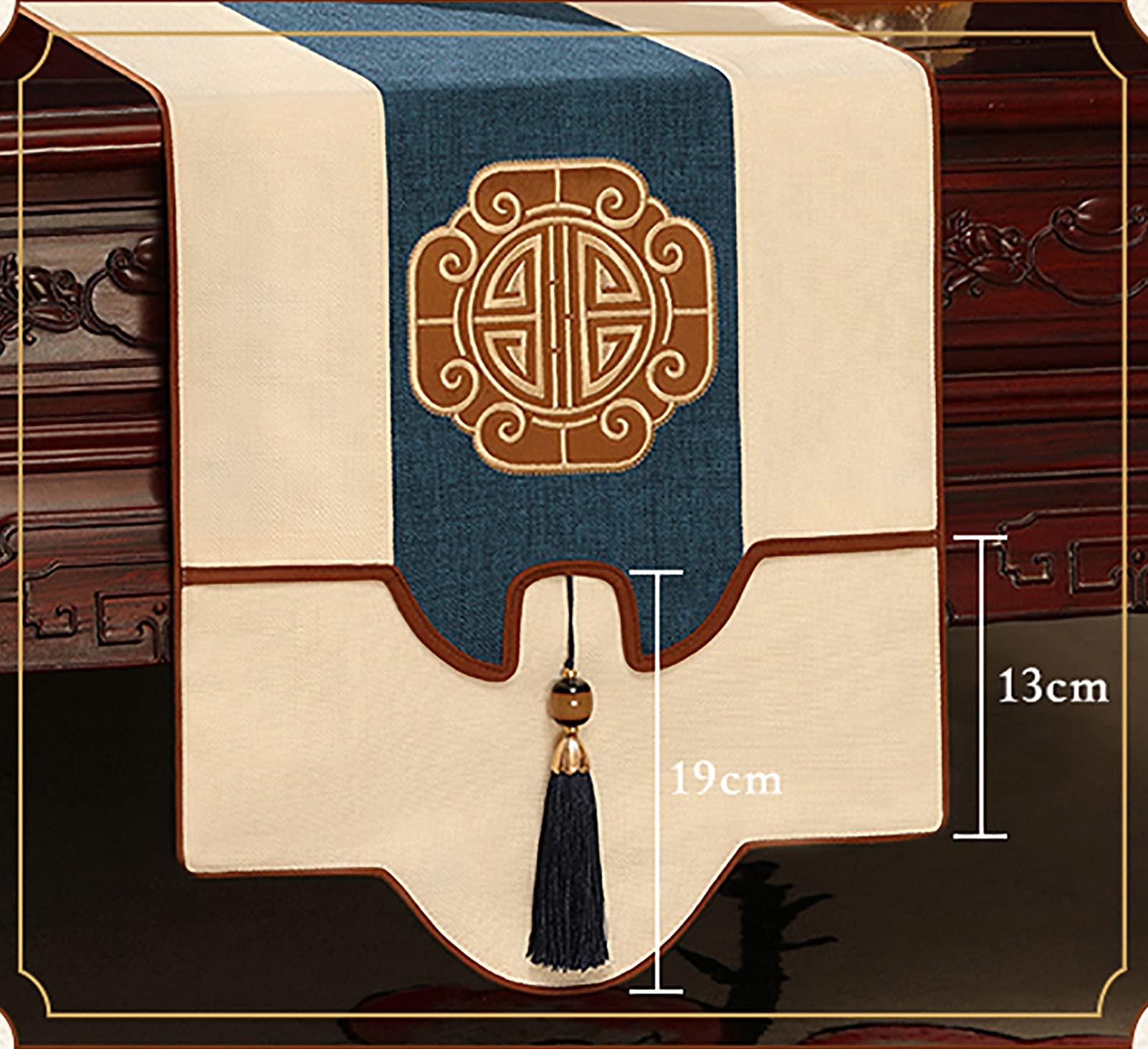 Japanese Style Navy Blue Cotton Linen Tablecloth with Elegant Embroidery - Non-Slip Heat Resistant Dining Table Mat (35x270cm) - Washable & Durable for Formal Dinners, Parties, and Everyday Use