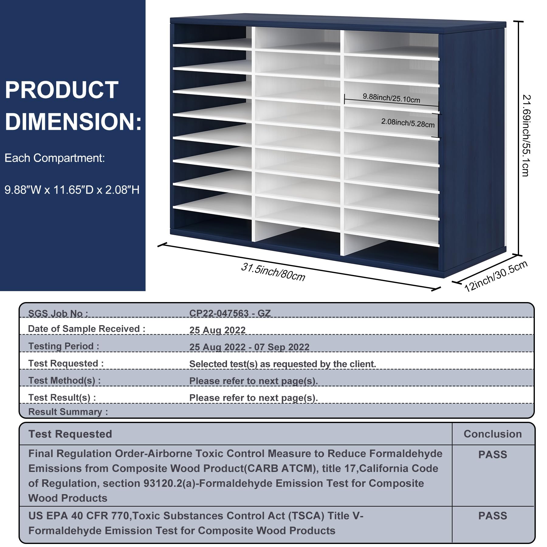 TQVAI 27-Slot Wooden Mail Sorter Organizer for Home & Office - Navy Blue/White Desktop File Holder, Paper Tray, Classroom Mailbox - Perfect for Office Organization, Teacher Supplies, and Home Mail Management