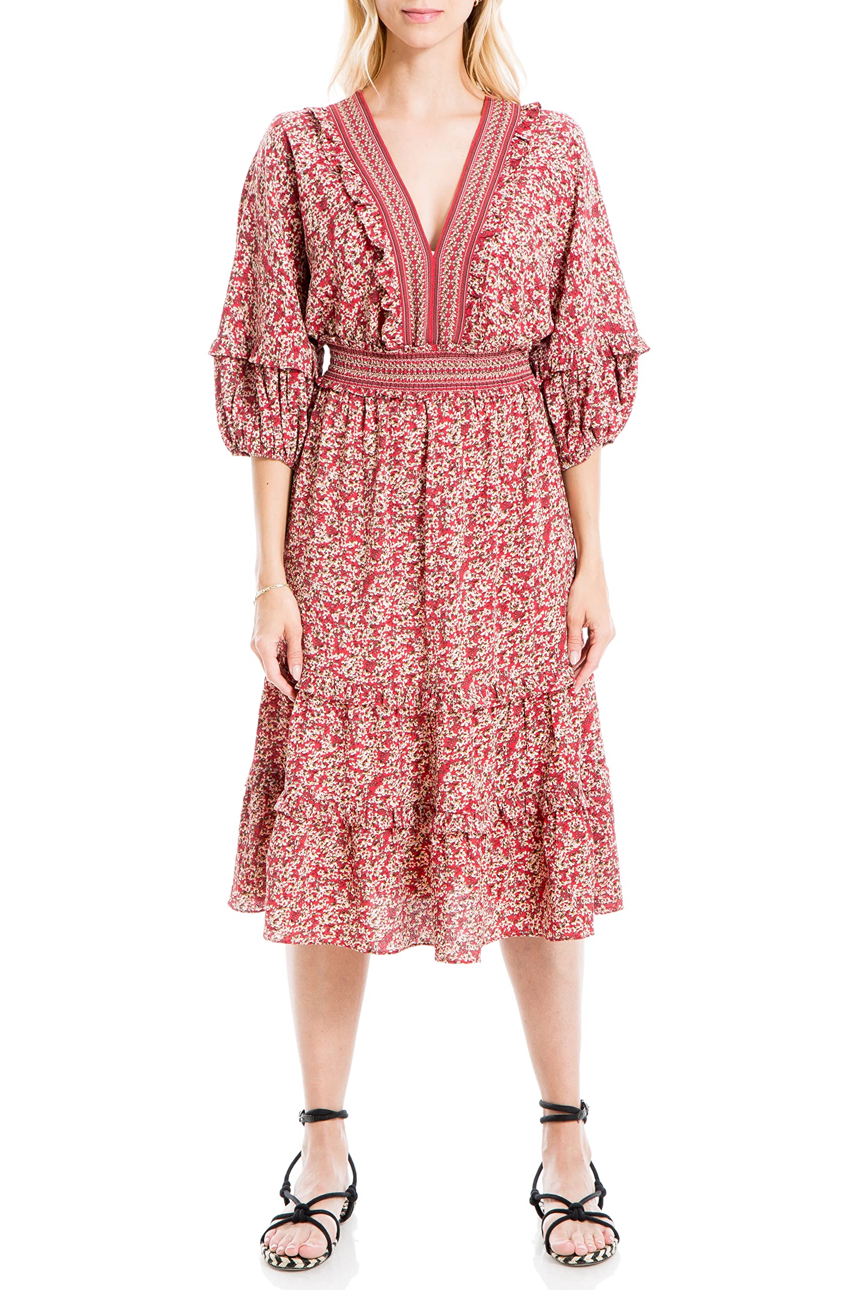Max Studio Women's 3/4 Sleeve Tiered Bubble Crepe Dress - Elegant Flowy Midi Dress for Wedding Guest, Cocktail Party & Special Occasions