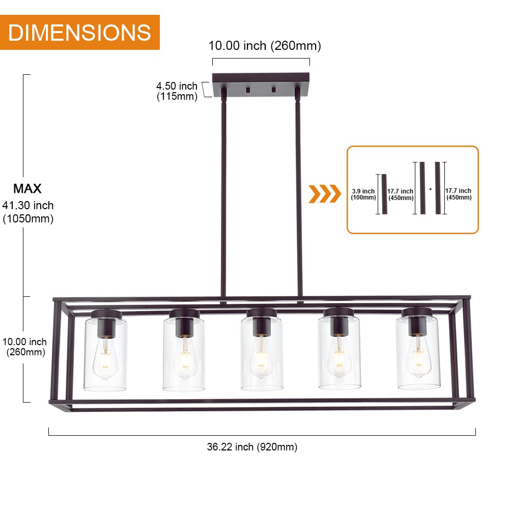 VINLUZ 5-Light Modern Linear Kitchen Island Chandelier - Oil Rubbed Bronze Cage Pendant Light with Clear Glass Shades - Farmhouse Ceiling Lighting Fixture for Dining Room, Living Room & Kitchen Island Decor