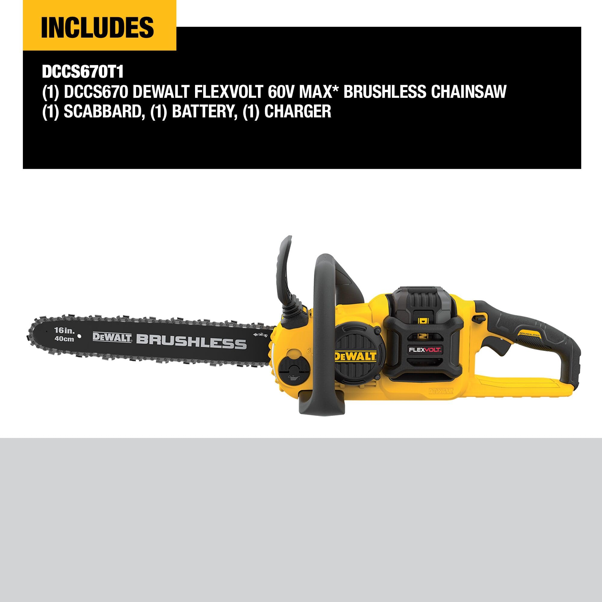 DEWALT FLEXVOLT 60V MAX* Brushless Chainsaw Kit (2.0 Ah) (DCCS670T1) - Cordless Electric Chainsaw for Tree Cutting, Wood Chopping & Yard Maintenance
