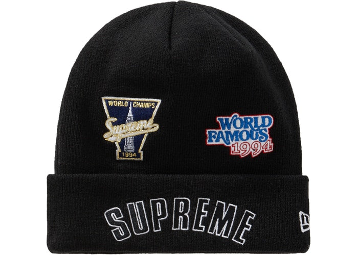 Supreme x New Era Championship Beanie - Black Winter Hat for Men & Women - Warm Knit Skull Cap for Cold Weather, Sports, and Streetwear Fashion