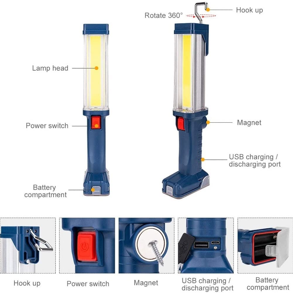 Rechargeable LED Work Light - USB Handheld Flashlight with COB LED, Magnetic Base & Hook - Portable Inspection Lamp for Camping, Hiking, Emergency, Car Repair & Home DIY Projects