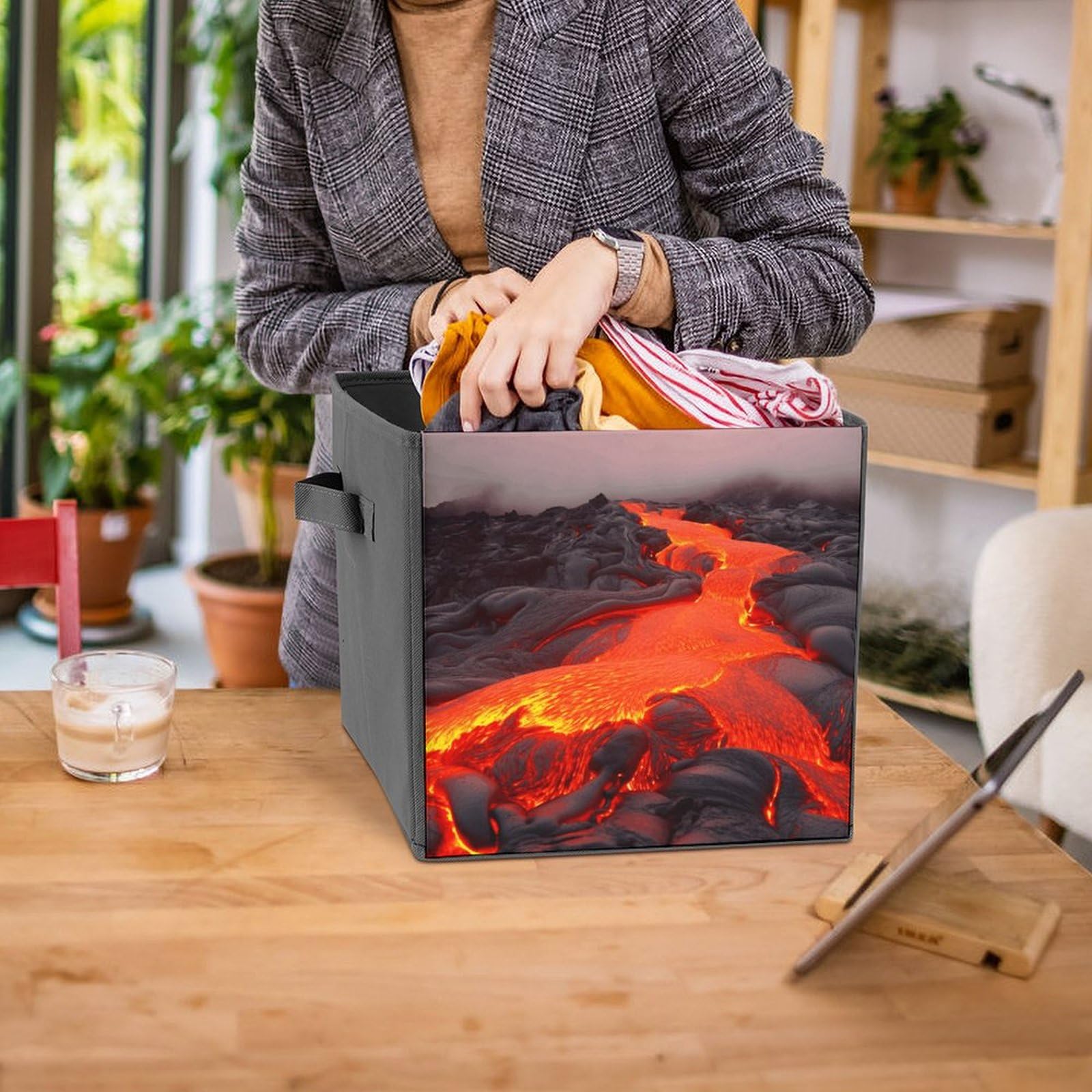 Foldable Canvas Storage Box with Red Lava Print - Organize Clothes, Toys & Home Essentials - Perfect for Closet, Nursery & Travel Storage