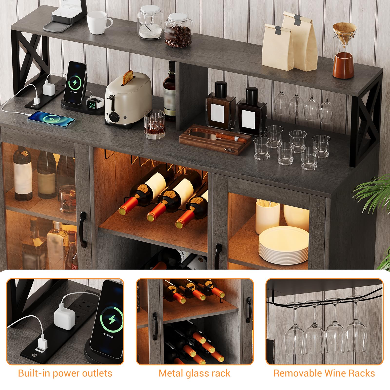 Retro Gray Bar Cabinet with Power Outlets, LED Lights & Glass Holder - Wine Storage Cabinet with Racks for Home & Kitchen - Perfect for Entertaining, Dining Rooms & Man Caves