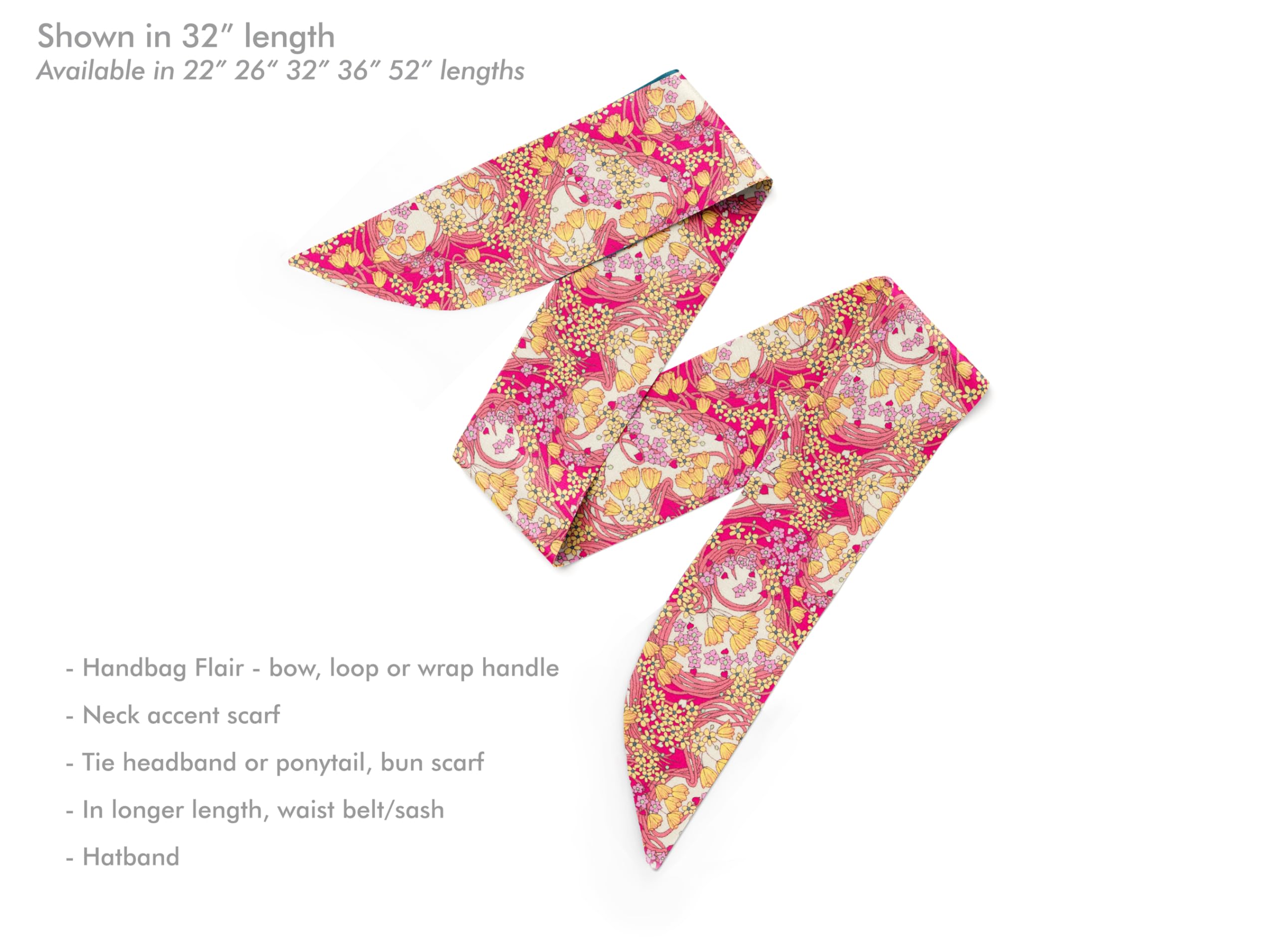 Liberty London Scarf - Floral Heart Print Skinny Scarf & Headband, Silk Tana Lawn Cotton Fashion Accessory for Women - Handbag/Purse Decoration - Choose Your Length (60cm/90cm/150cm) - Perfect for Spring Outfits, Weddings & Gift Giving