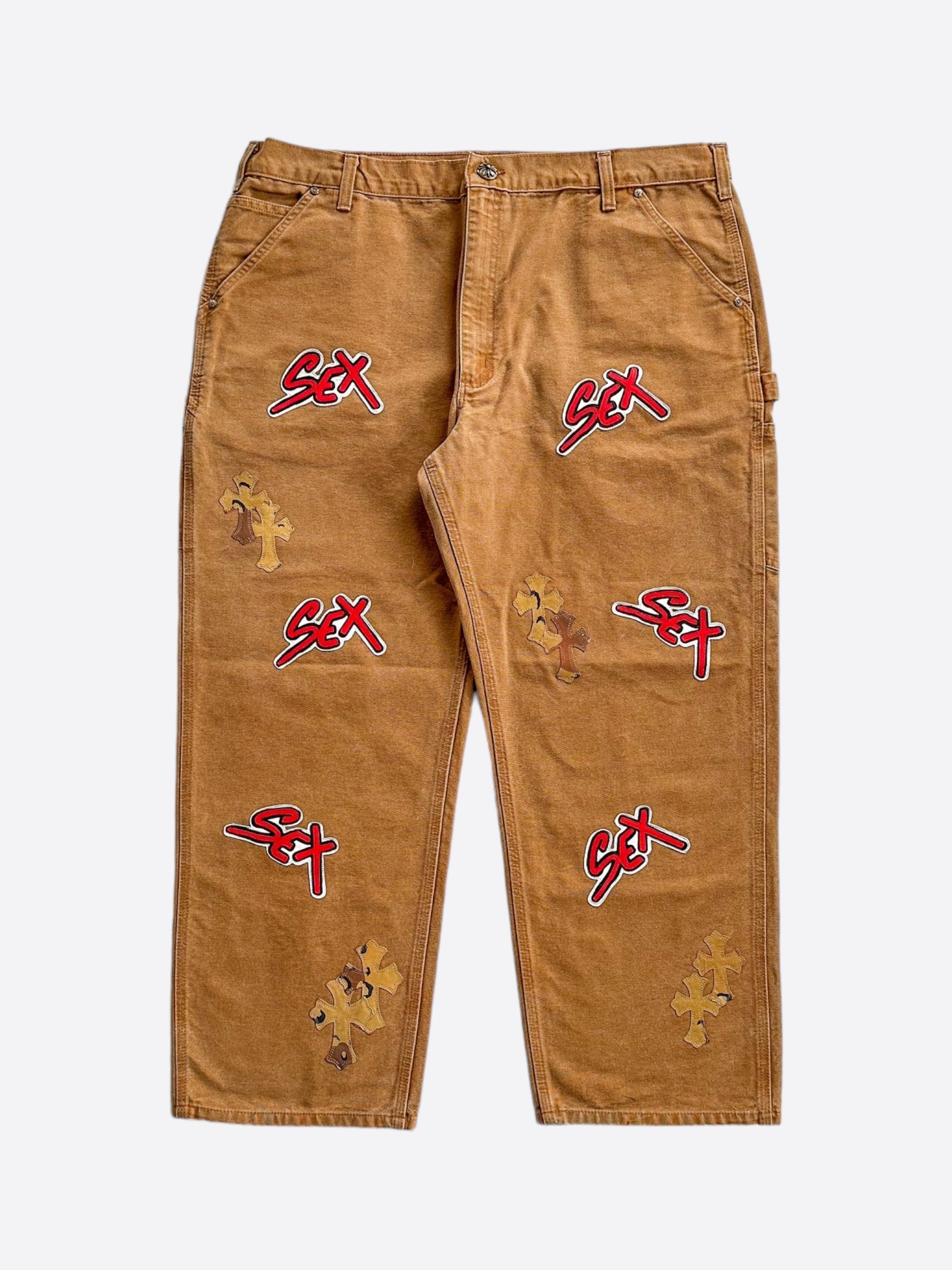 Chrome Hearts x Carhartt Tan Carpenter Jeans with Cross Patch - Vintage Style Workwear for Men, Perfect for Casual Outfits & Streetwear Fashion