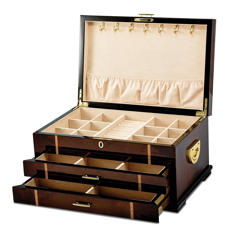 High Gloss Rustic Burlwood Jewelry Box with Walnut Inlay - 2 Drawer Storage Chest for Rings, Necklaces & Earrings | Perfect for Bedroom Dresser, Vanity Organizer & Gift