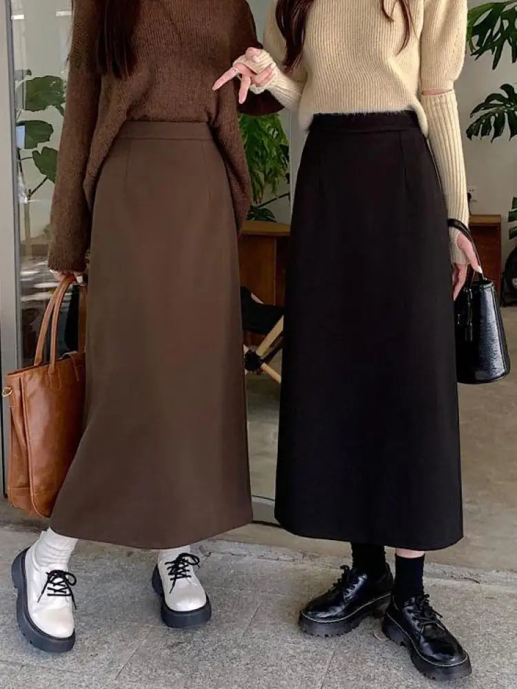 Women's Autumn Brown Wool A-Line High Waist Skirt - Elegant Straight Long Skirt with Elastic Waistband | Warm Winter Fashion for Casual Outfits & Office Wear | Korean Style Ladies Skirt