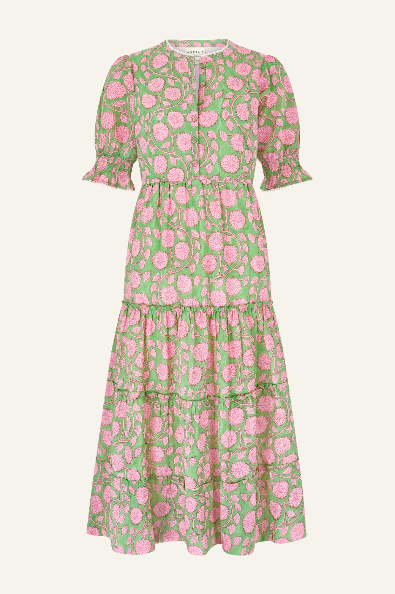 Organic Cotton Block Print Dress - Cordelia | Mara Green & Pink | Boho Chic Summer Dress for Beach, Vacation & Casual Wear