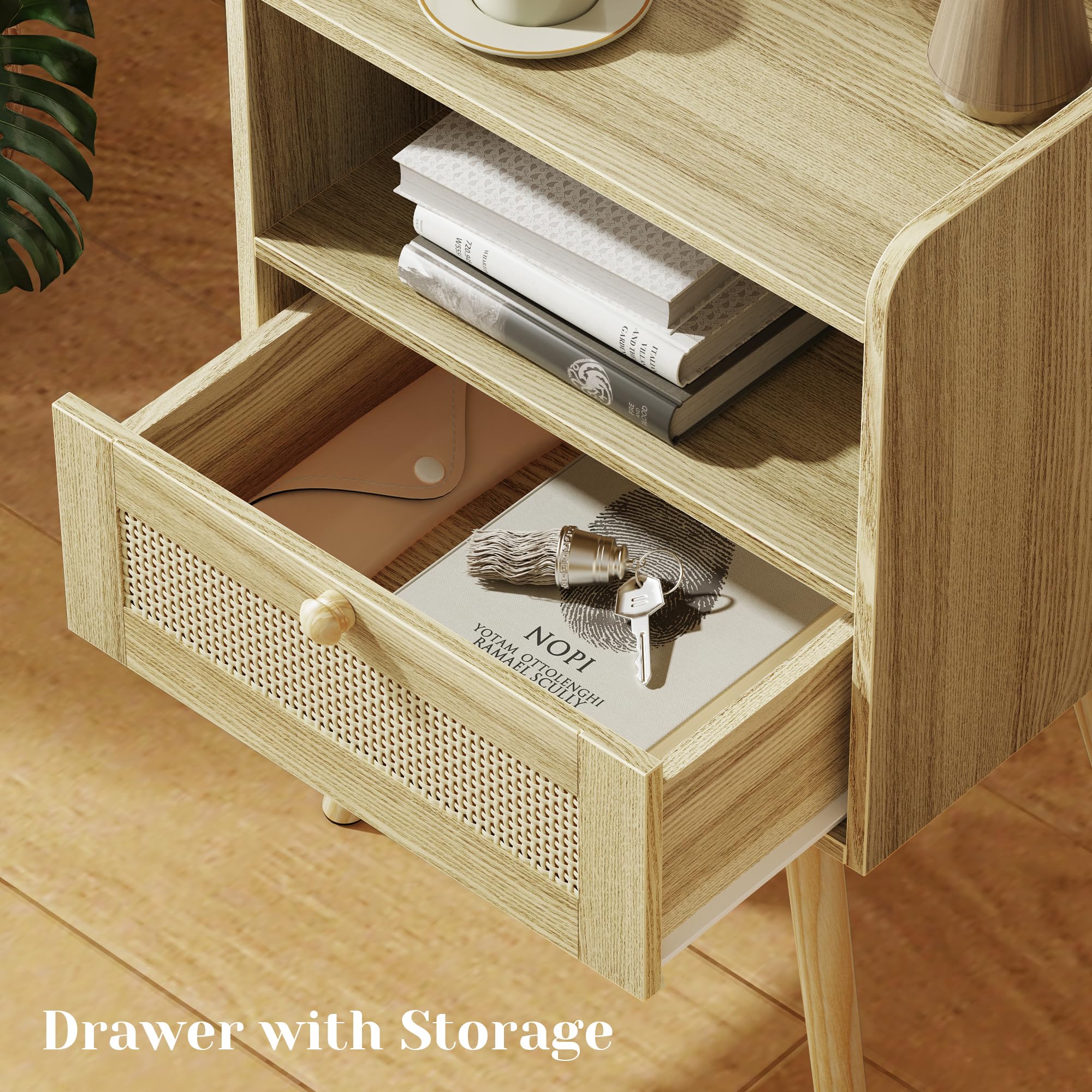 Premium Nightstands Set of 2 with USB Charging Station & Rattan Drawers - Solid Wood Bedside Tables with PE Woven Decor for Bedroom, Living Room, Office - Natural Finish - Perfect for Small Spaces & Modern Home Decor