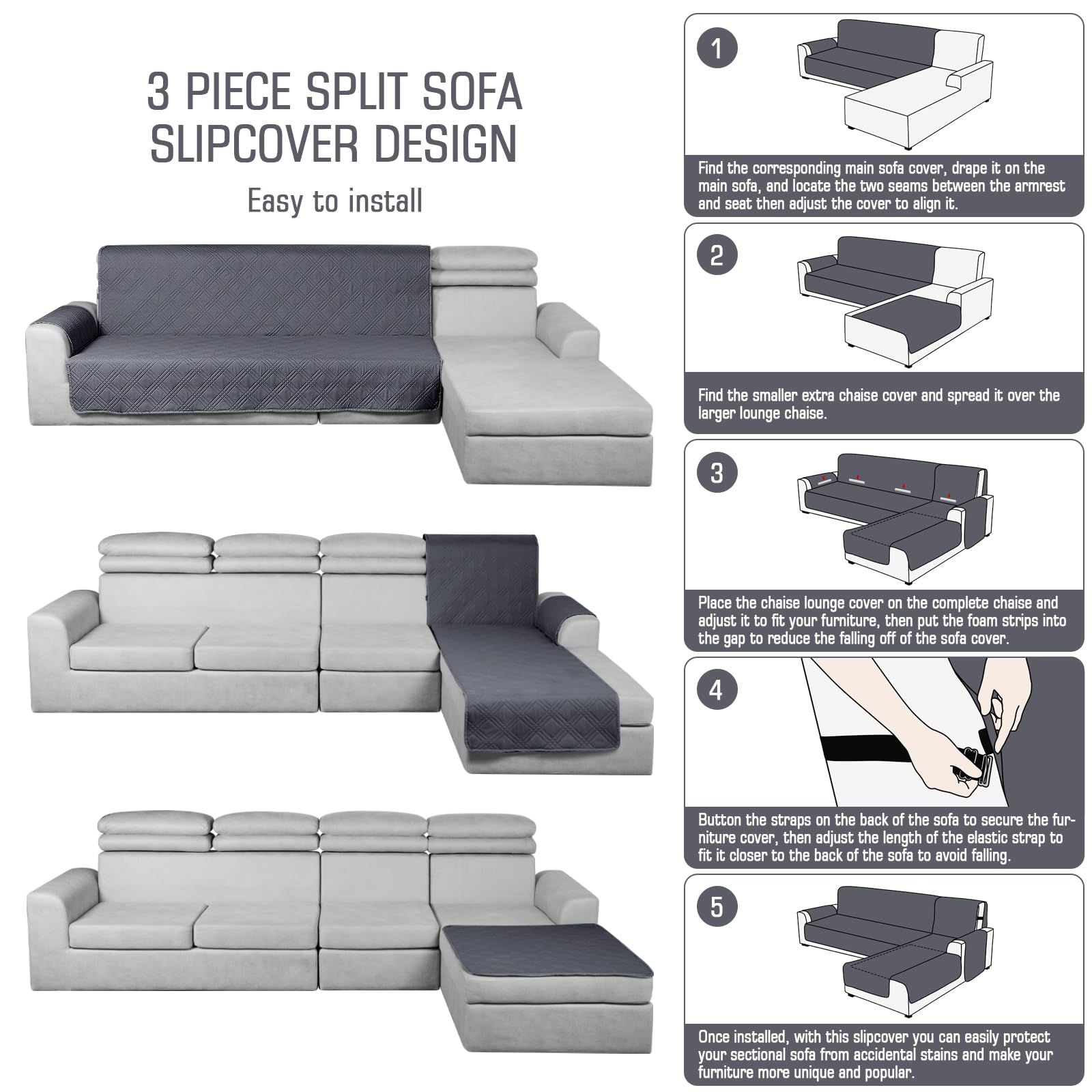 **Waterproof L-Shaped Sectional Sofa Cover 3-Piece Set - Reversible, Pet & Kid Friendly Furniture Protector with Elastic Straps (X-Large, Dark Grey) - Perfect for Living Room, Family Room & Pet-Friendly Homes**