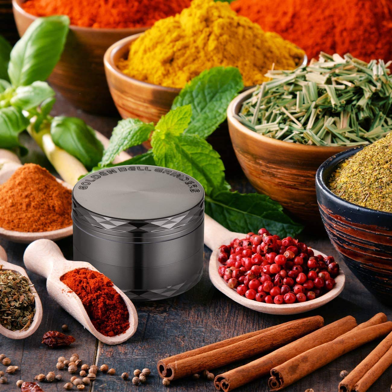 Premium LIHAO 50mm 4-Layer Metal Spice Grinder - Durable Zinc Allay Mill for Herbs, Pepper & Salt (Black Nickel) - Perfect for Kitchen, Camping & Travel Use