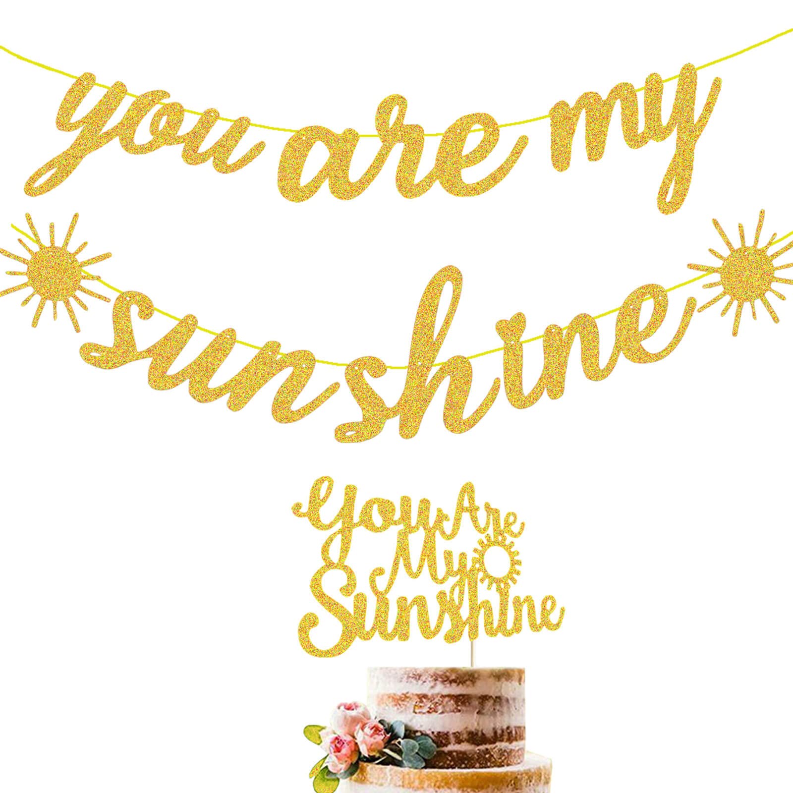 Gold Glitter You Are My Sunshine Banner & Cake Topper Set - 1st Birthday Party Decorations for Boys, Baby Shower, Sunflower Theme - Perfect for Outdoor Celebrations & Photo Backdrops