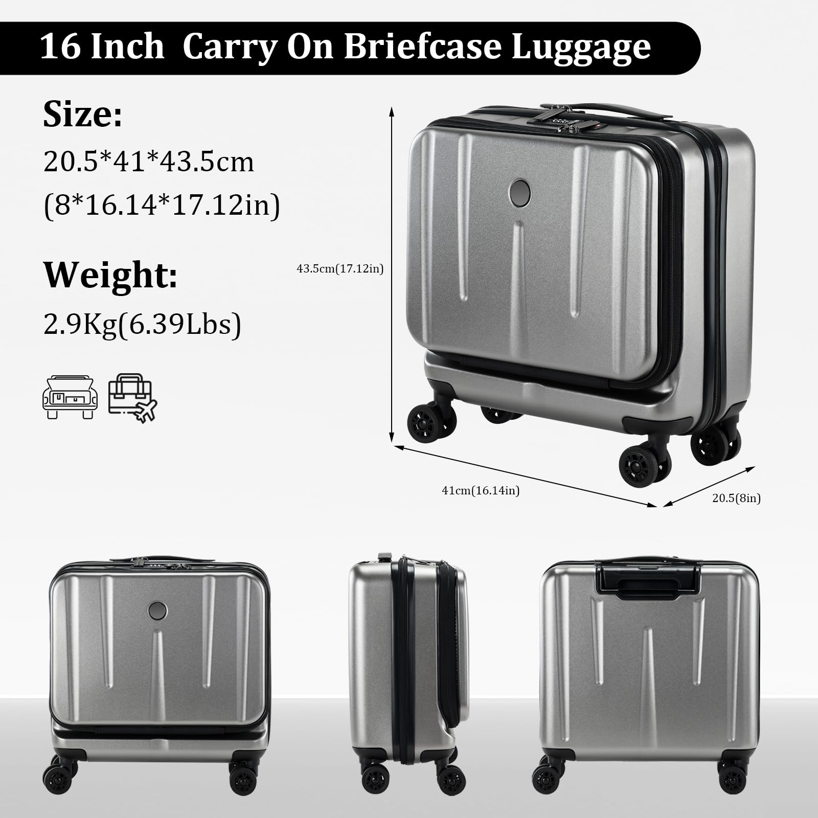 16 Inch Carry On Luggage with 2 Compartments - Lightweight Hardshell ABS+PC Suitcase for 14” & 15” Laptop, Spinner Silent Wheels, 16.14x8x17.12” Rolling Briefcase - Perfect for Business Travel, Airplane Cabin & Weekend Getaways (Dark Gray)