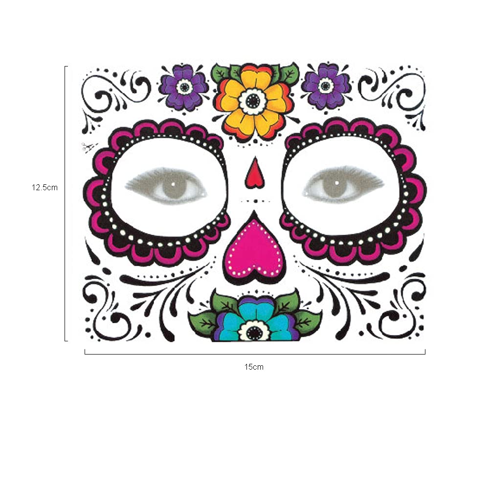 4 Pack Day of the Dead Temporary Tattoos - Sugar Skull Face Stickers for Halloween Makeup, Women's Costume Accessories & Masquerade Party Favors - Perfect for Dia de los Muertos Celebrations, Halloween Parties & Cosplay