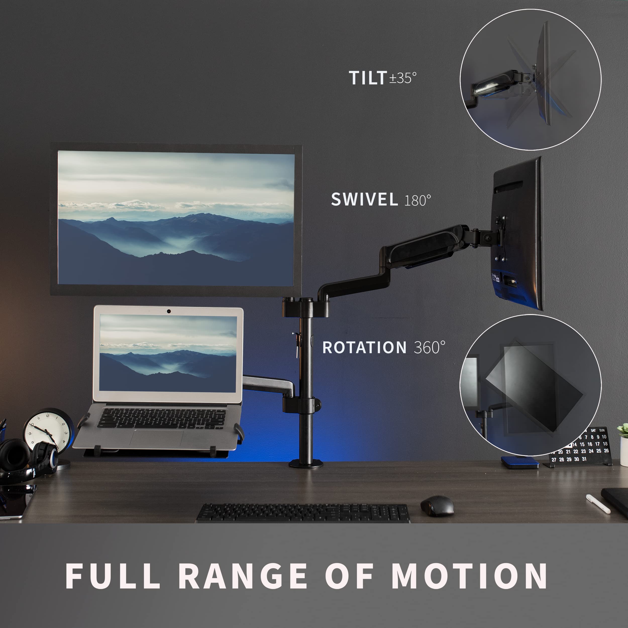 VIVO Dual Monitor and Laptop Mount Stand - Adjustable Pneumatic Arm for 17 to 32 inch Screens & 10 to 15.6 inch Notebooks, Includes Laptop Tray, C-Clamp and Grommet Base - Perfect for Home Office, Gaming Setup and Workspace Organization (Black, STAND-V003KL)