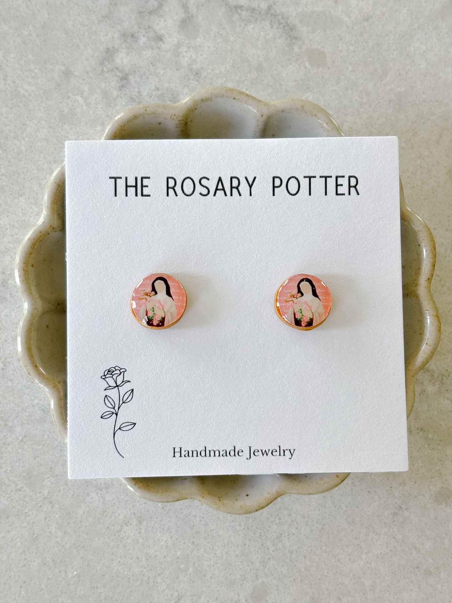 Handmade St. Therese Rose Gold Earrings for Women - Religious Jewelry Gift for Baptism, First Communion & Catholic Devotion - Elegant Dangle Earrings for Church & Special Occasions