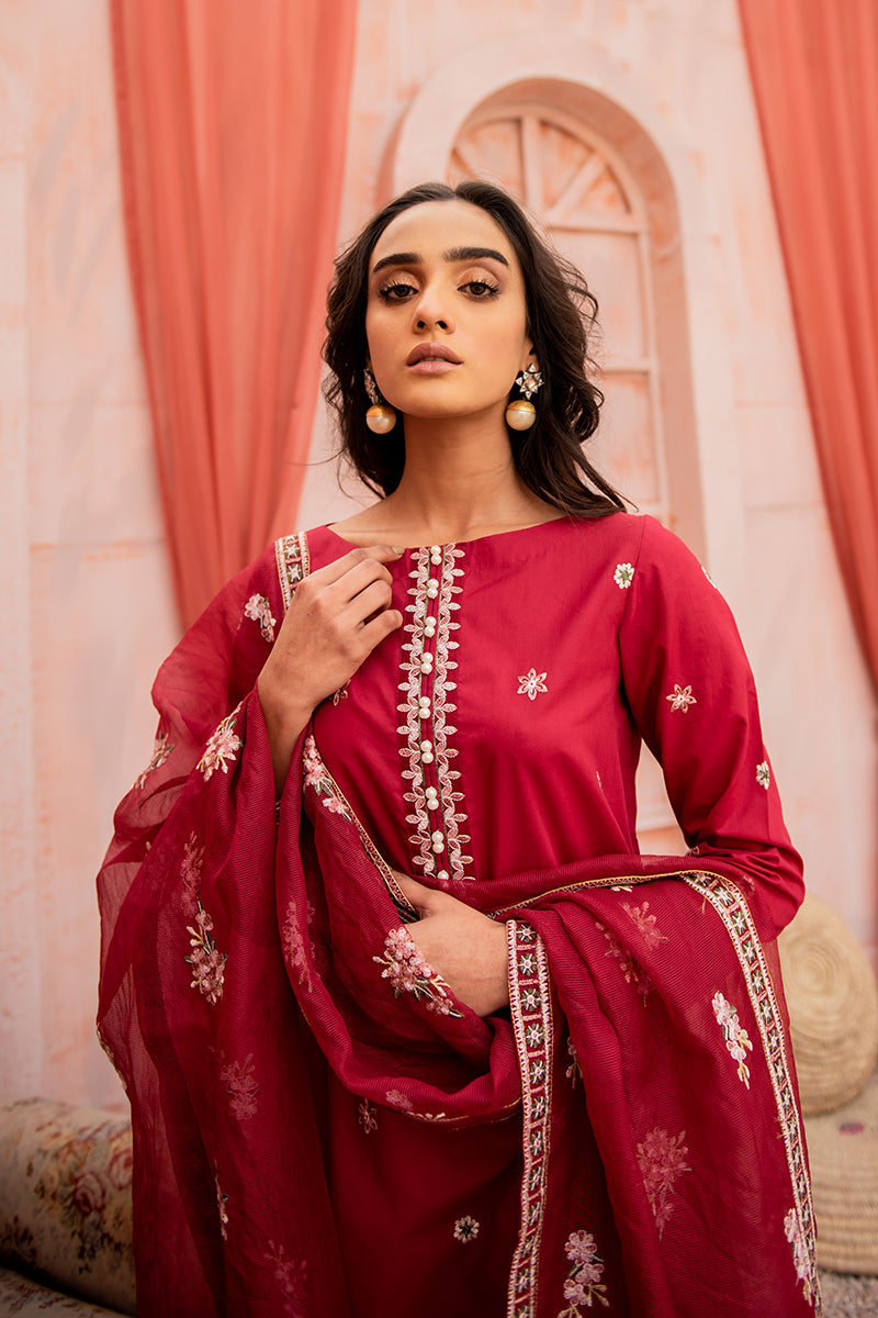 Carmine Rose 2-Piece Set (Shirt & Dupatta) - Elegant Ethnic Outfit for Weddings, Parties & Festive Occasions